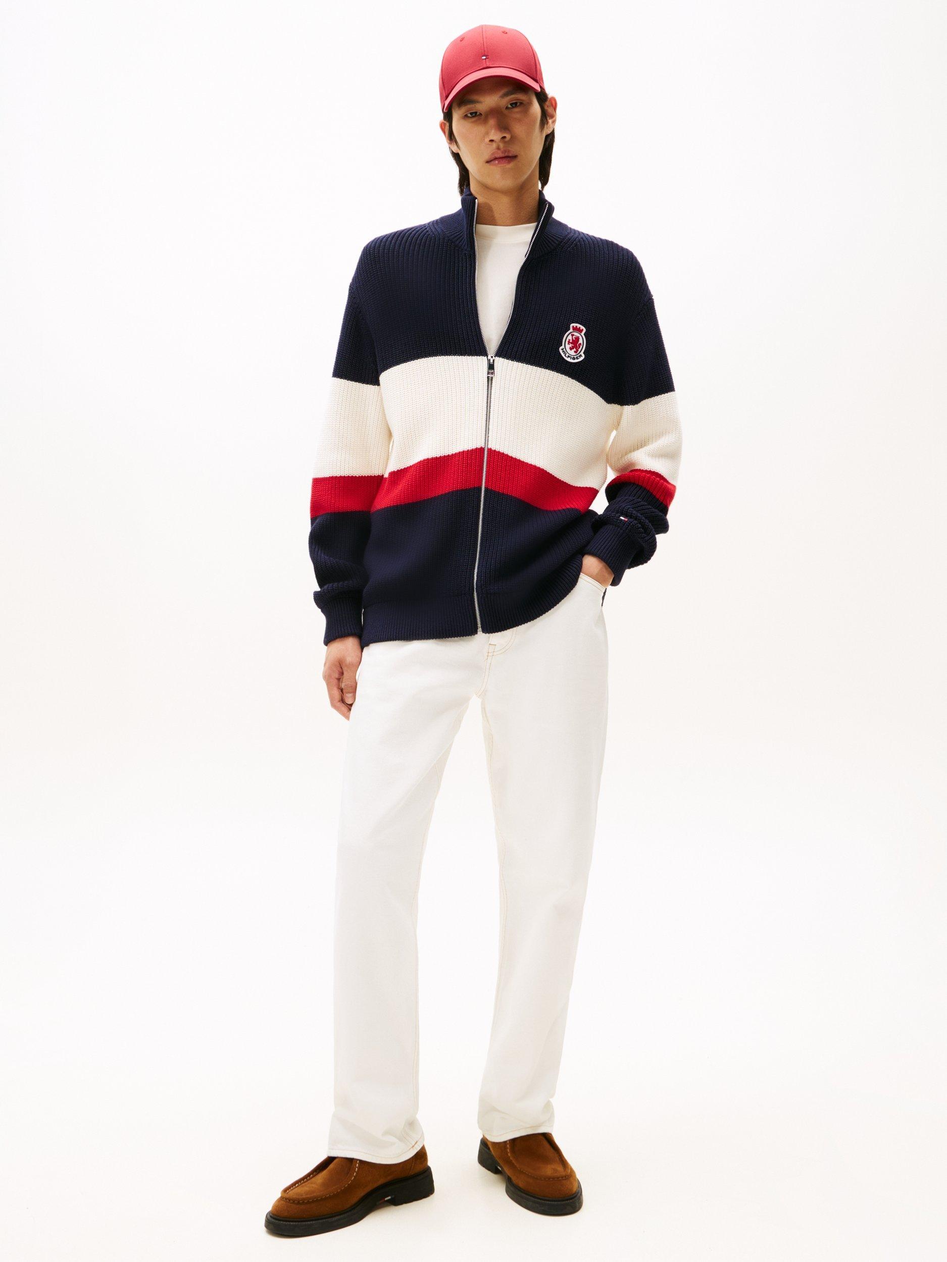 Product image 3 of 6, which shows Tommy Hilfiger Zip Through Colour Block Ribbed Cotton Knit Jumper, Multi, XS
