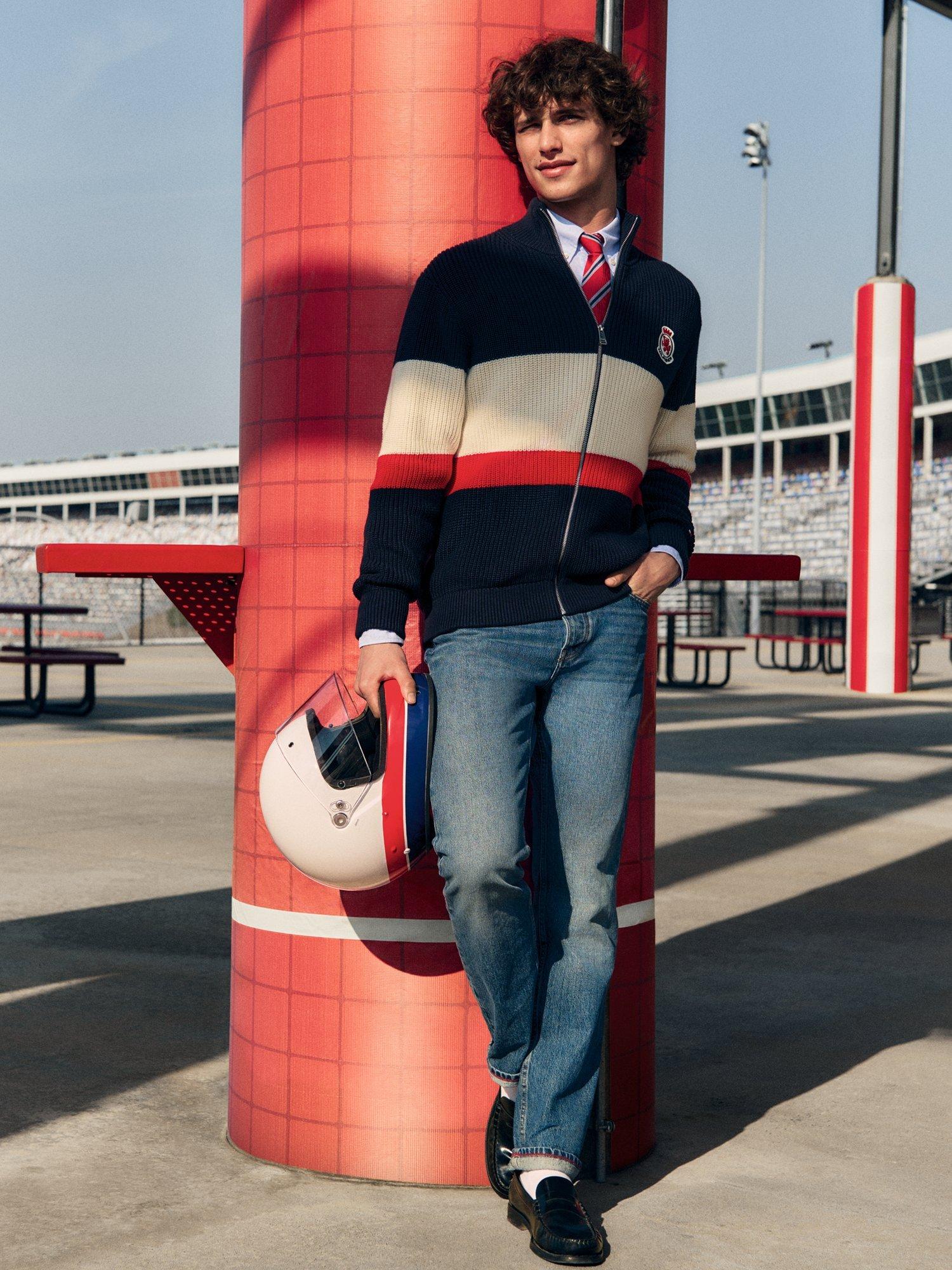 Product image 4 of 6, which shows Tommy Hilfiger Zip Through Colour Block Ribbed Cotton Knit Jumper, Multi, XS