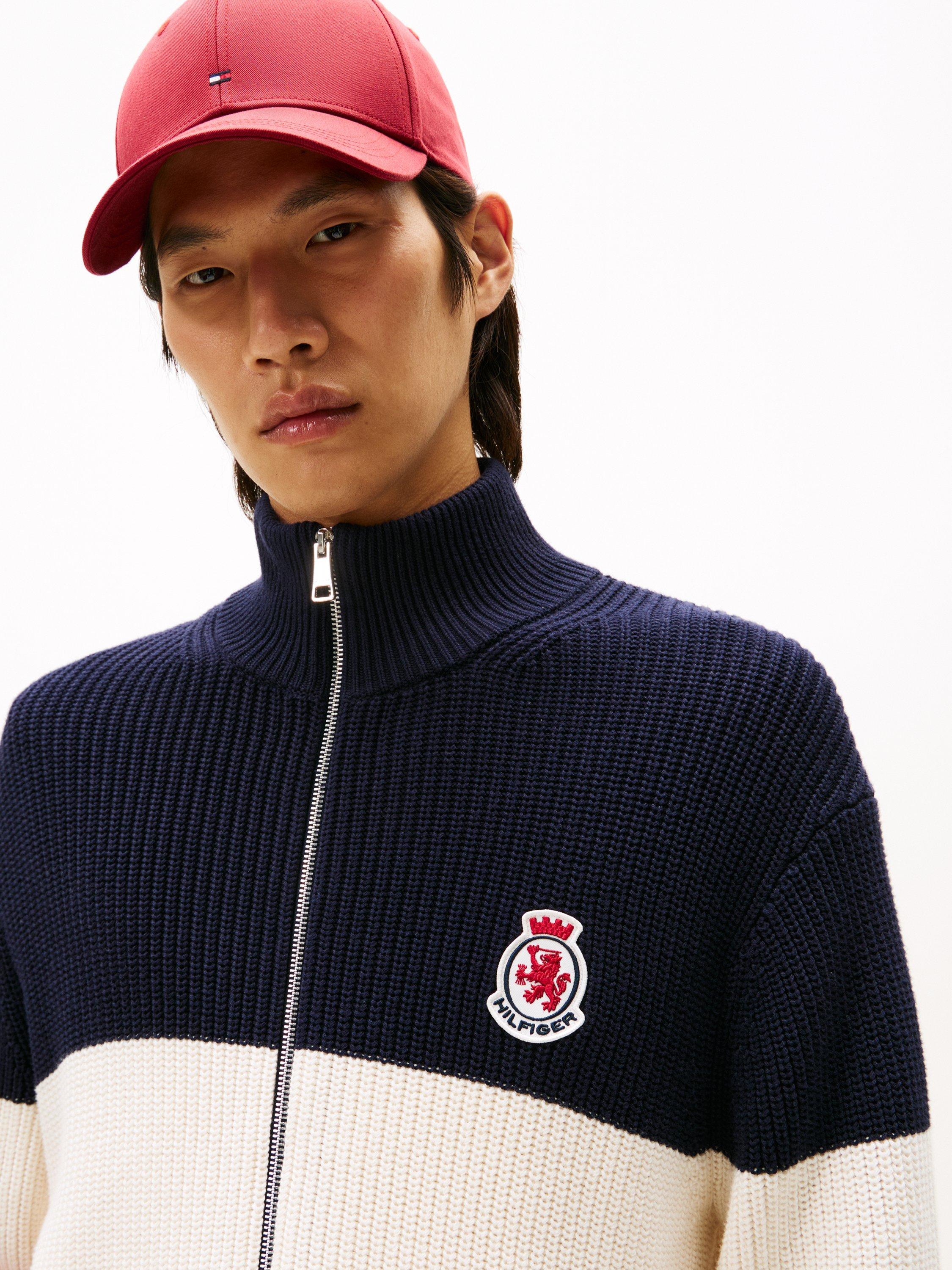 Product image 5 of 6, which shows Tommy Hilfiger Zip Through Colour Block Ribbed Cotton Knit Jumper, Multi, XS
