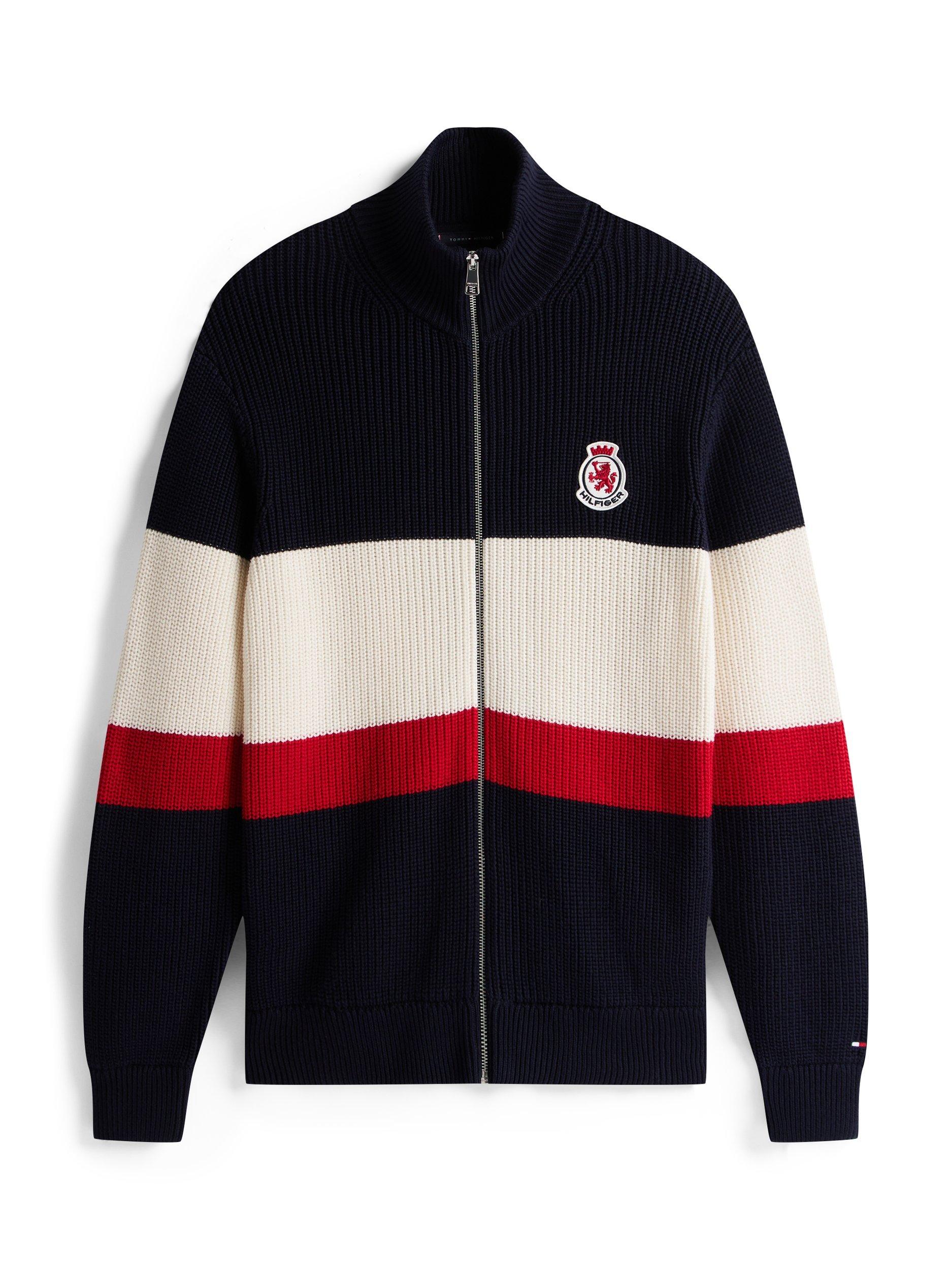 Product image 6 of 6, which shows Tommy Hilfiger Zip Through Colour Block Ribbed Cotton Knit Jumper, Multi, XS