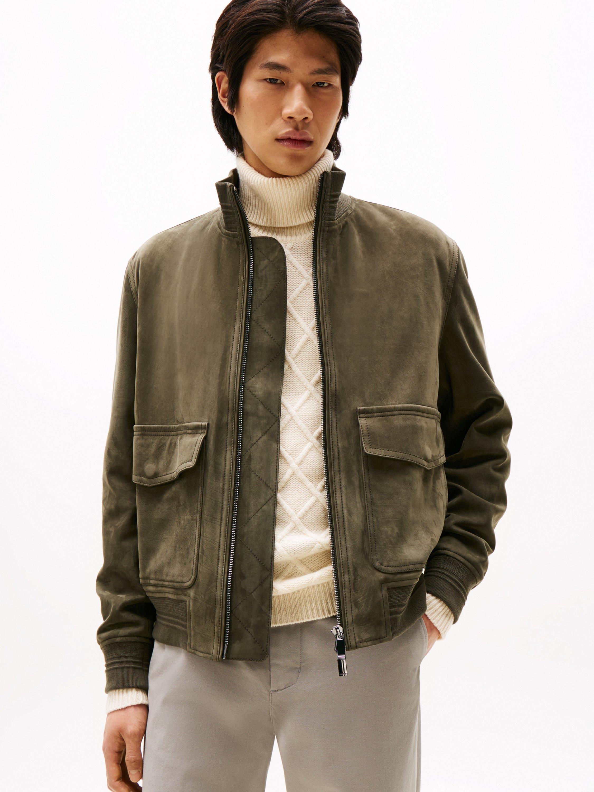 Product image 1 of 5, which shows Tommy Hilfiger Suede Bomber Jacket, Mountain Spruce, M