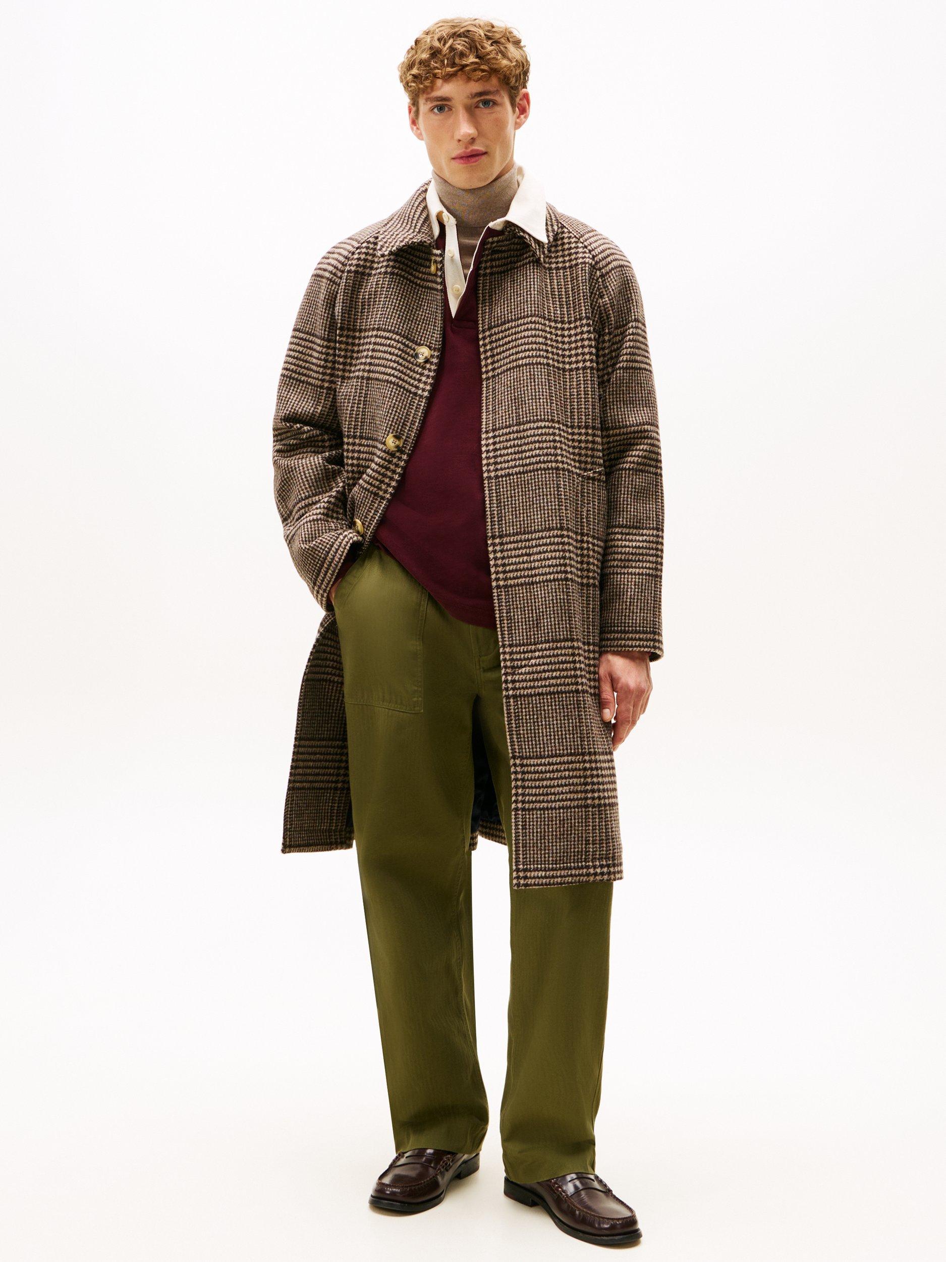 Product image 1 of 5, which shows Tommy Hilfiger Wool Blend Check Overcoat, Camel Brown, XS
