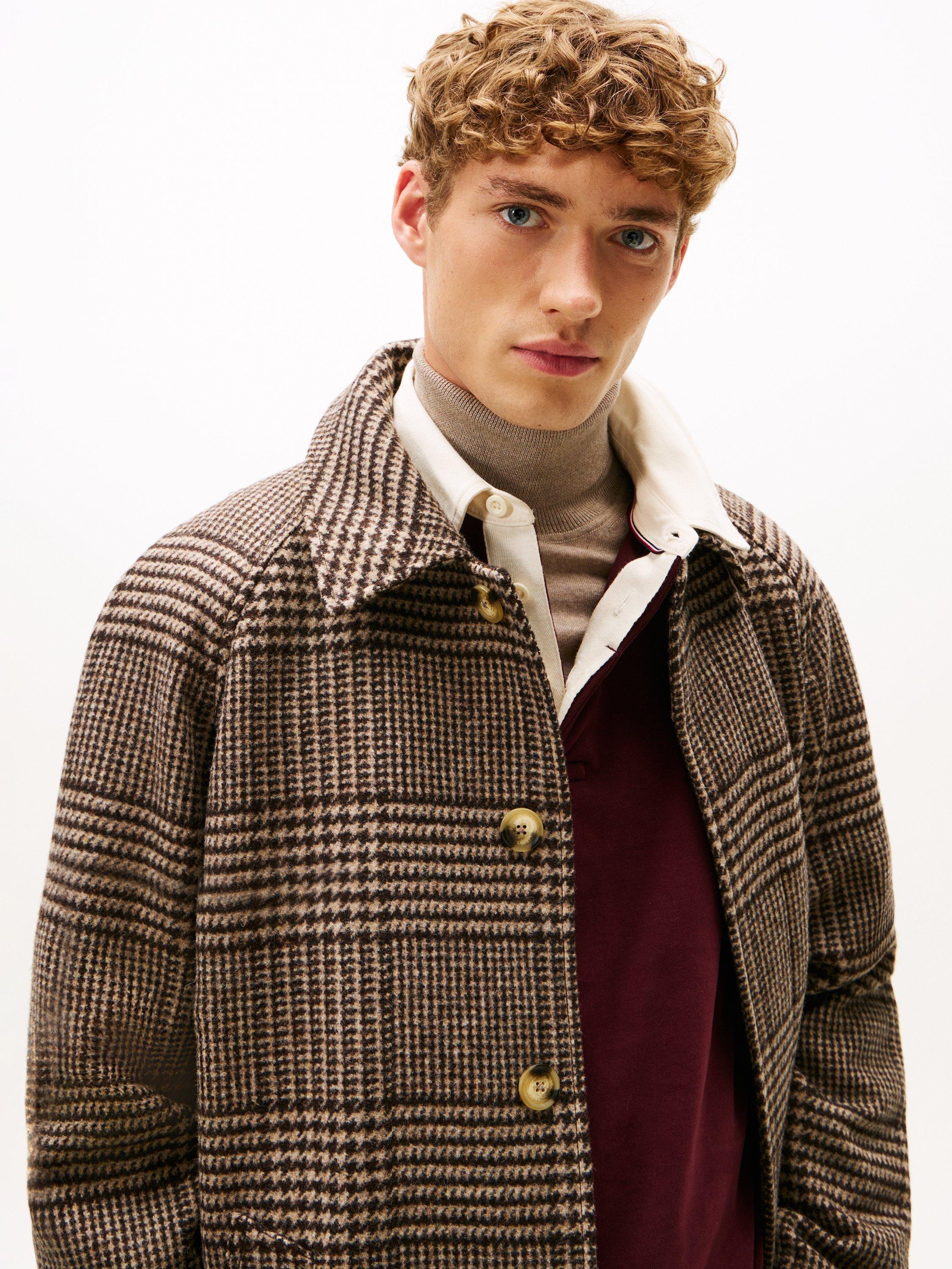 Product image 2 of 5, which shows Tommy Hilfiger Wool Blend Check Overcoat, Camel Brown, XS