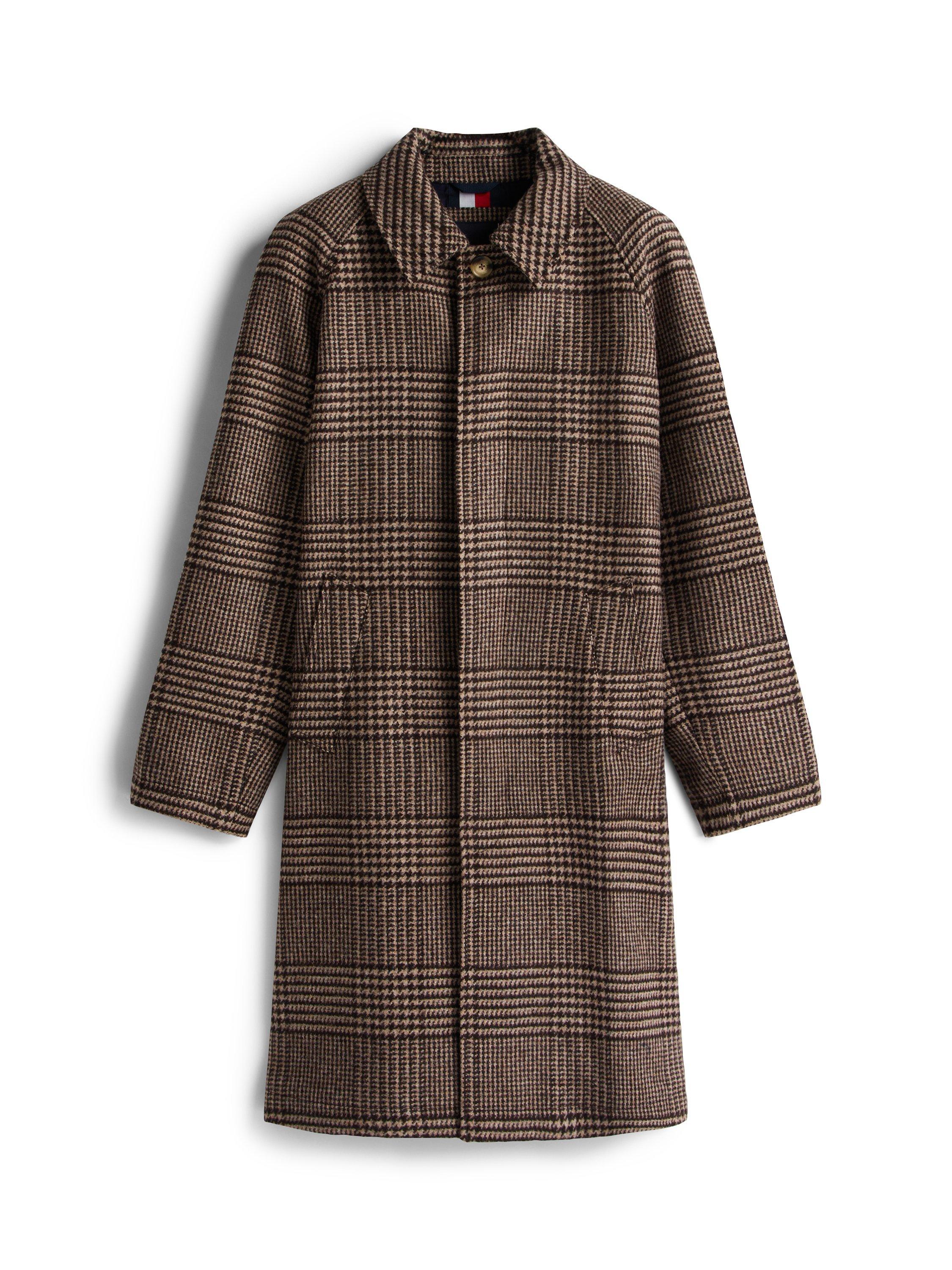 Product image 4 of 5, which shows Tommy Hilfiger Wool Blend Check Overcoat, Camel Brown, XS