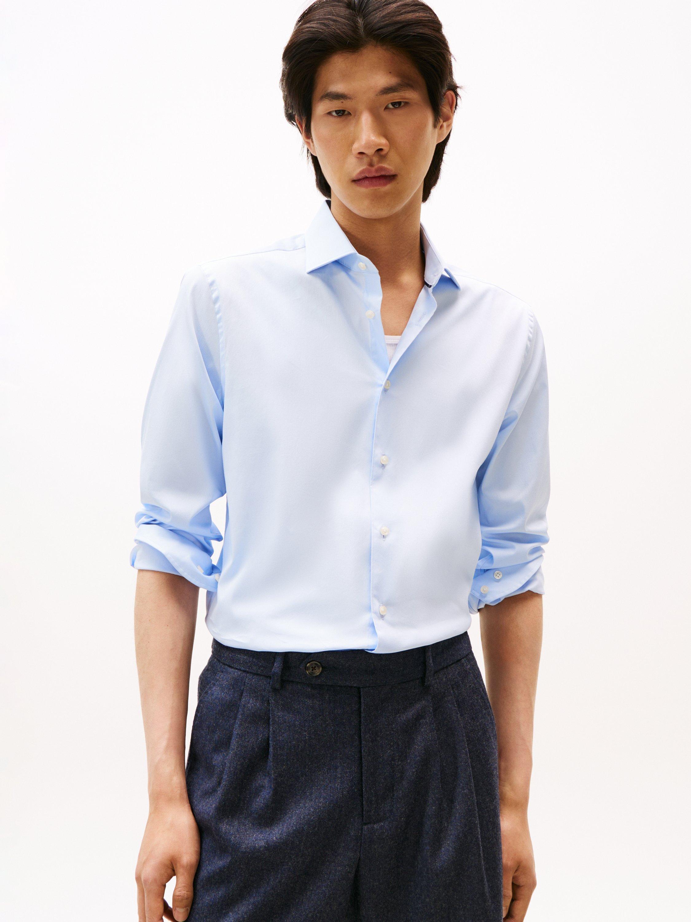 Product image 1 of 5, which shows Tommy Hilfiger Cotton Blend Flex Slim Fit Shirt, Sweet Blue, M
