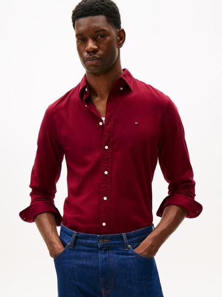 Tommy Hilfiger Cotton Blend Flannel Long Sleeve Collar Shirt, Deep Rouge