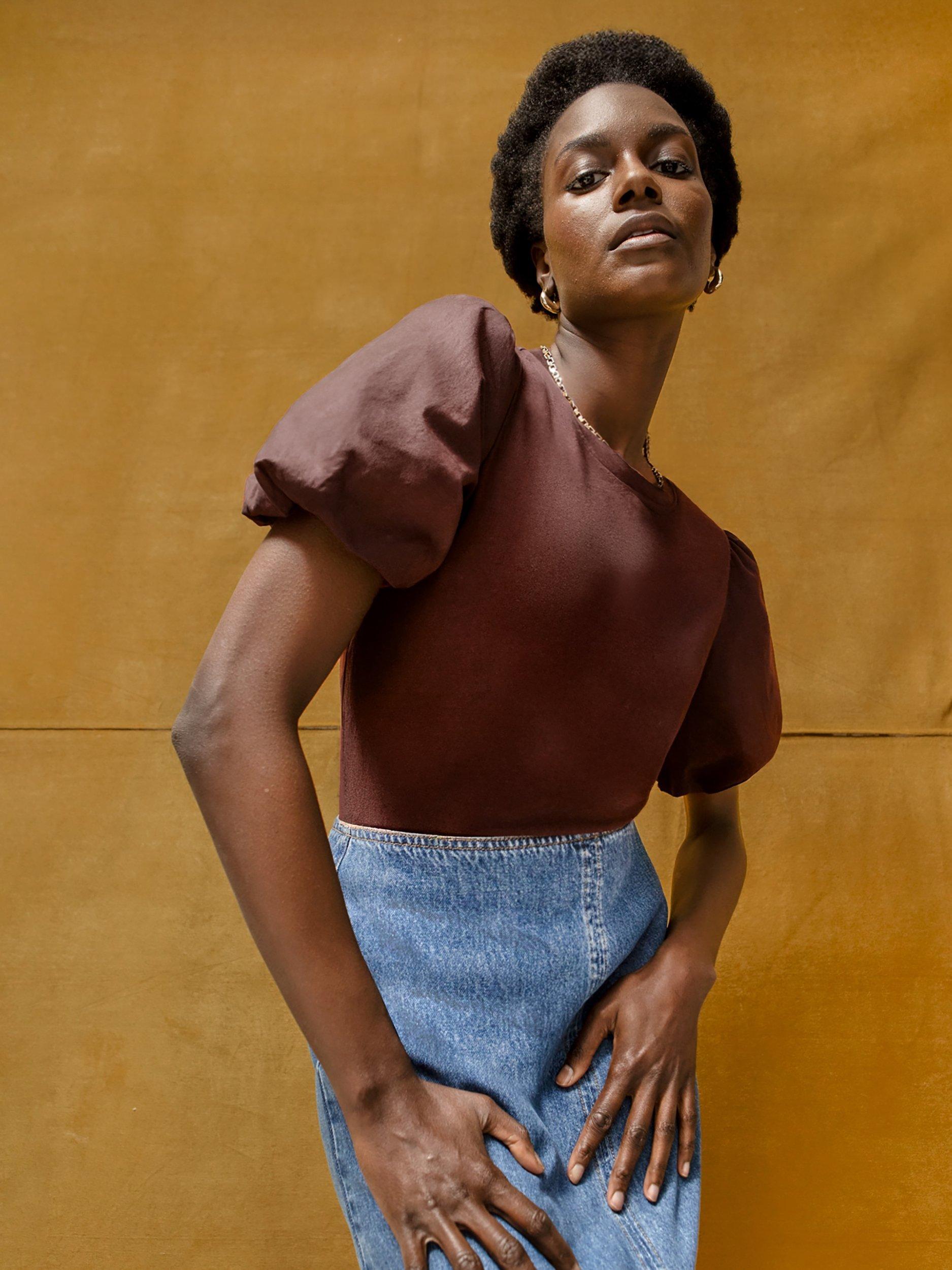 Product image 1 of 5, which shows Ro&Zo Crew Neck Puff Sleeve T-Shirt, Brown, M