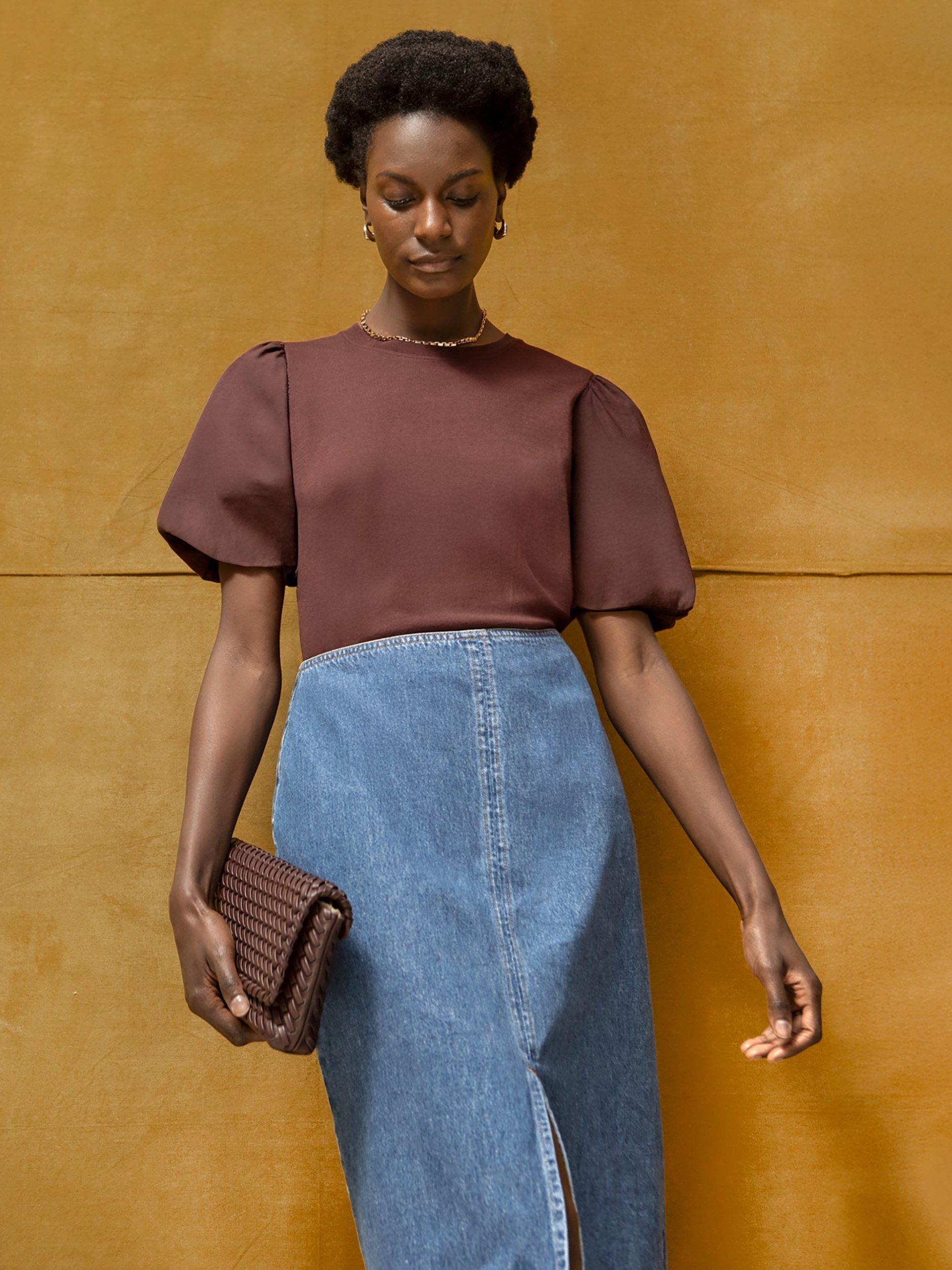 Product image 4 of 5, which shows Ro&Zo Crew Neck Puff Sleeve T-Shirt, Brown, M