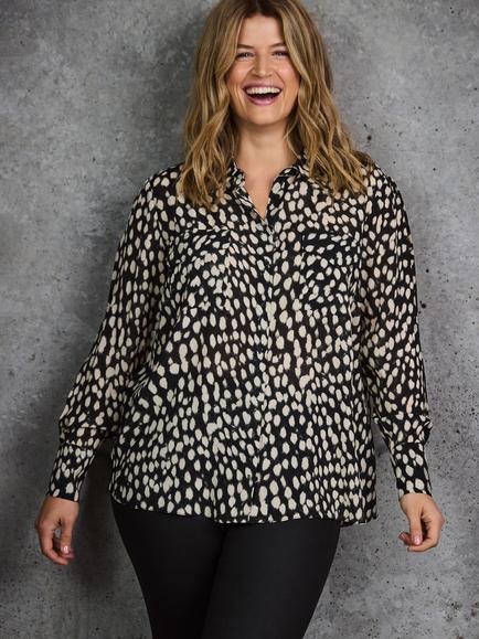 Live Unlimited Curve Animal Print Sheer Patch Pocket Shirt, Black/Multi - view 2, Black/Multi