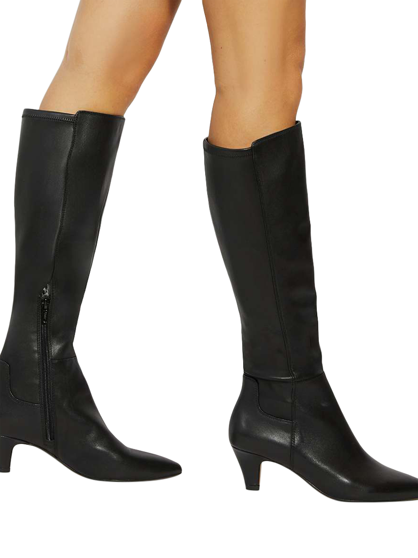 Product image 2 of 6, which shows Dune London Sera Leather Knee-High Kitten Heel Boots, Black, EU36