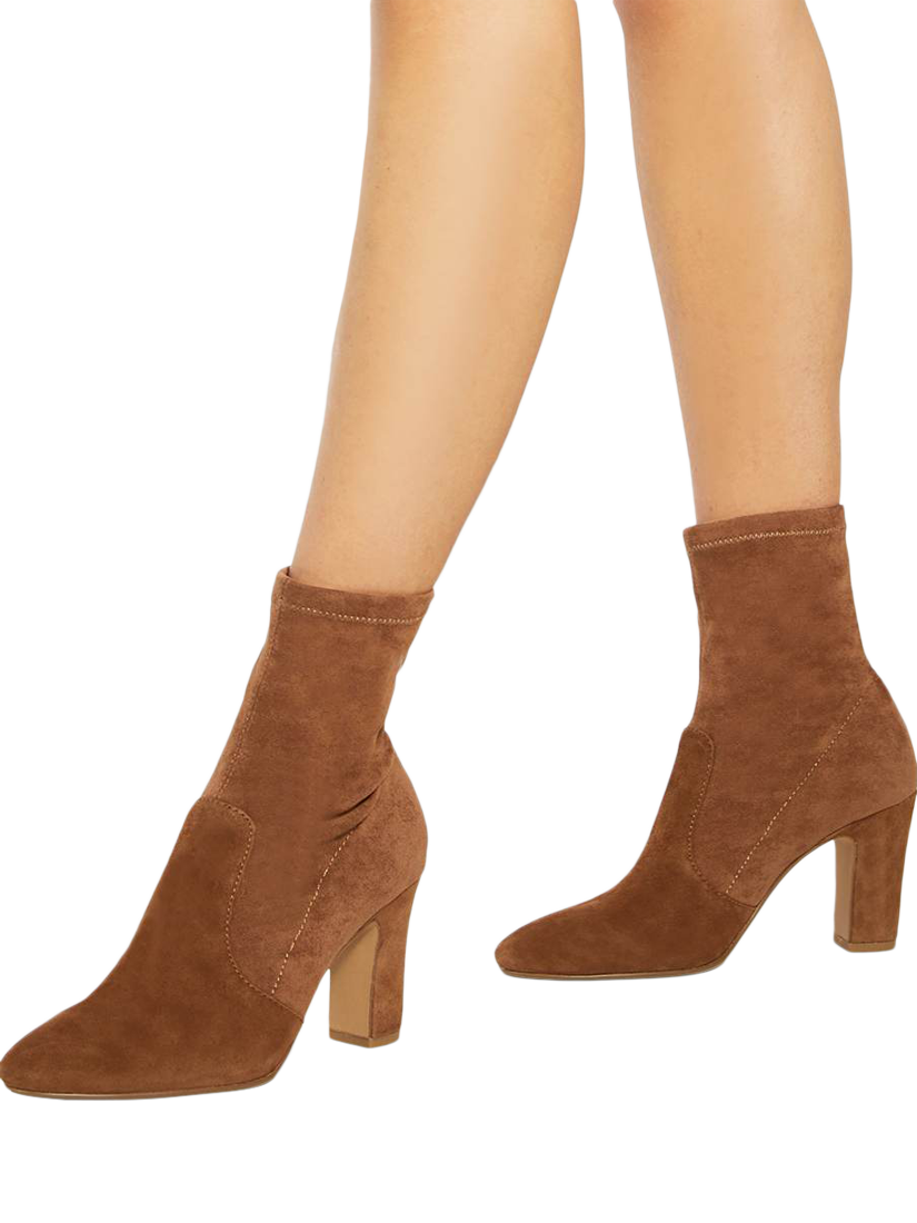 Product image 2 of 6, which shows Dune London Optilly Suede Block Heel Sock Boots, Dark Tan, 36