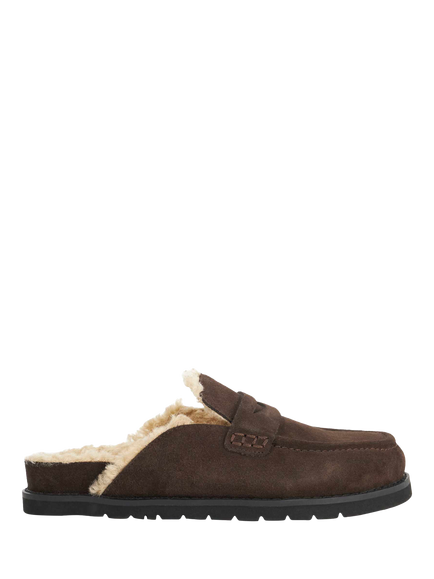 Dune London Goldy Suede Backless Faux Shearling Loafers, Brown, Brown