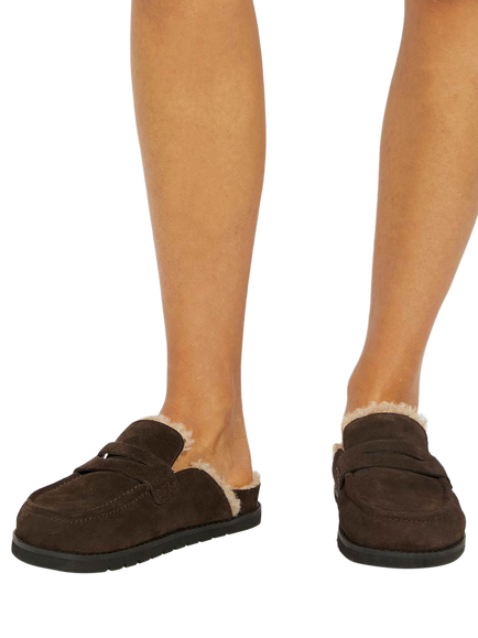 Dune London Goldy Suede Backless Faux Shearling Loafers, Brown - view 2, Brown