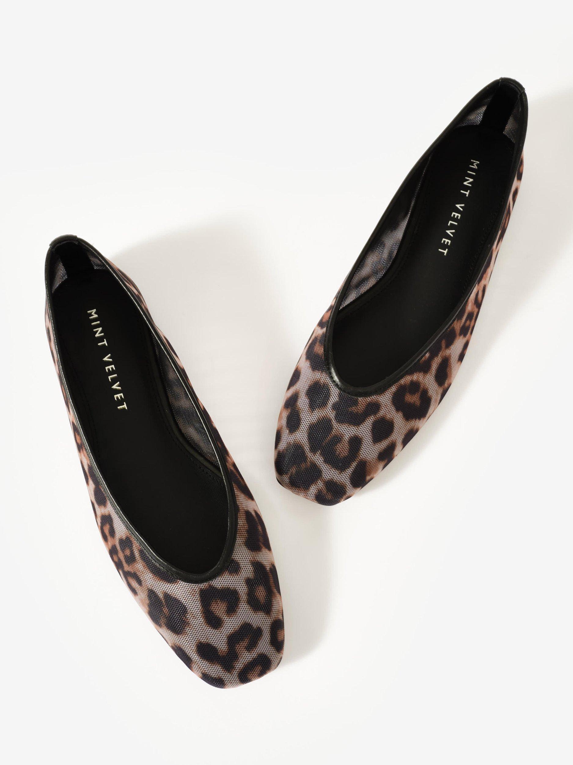 Product image 3 of 4, which shows Mint Velvet Piper Leopard Print Mesh Ballet Flats, Brown, 3