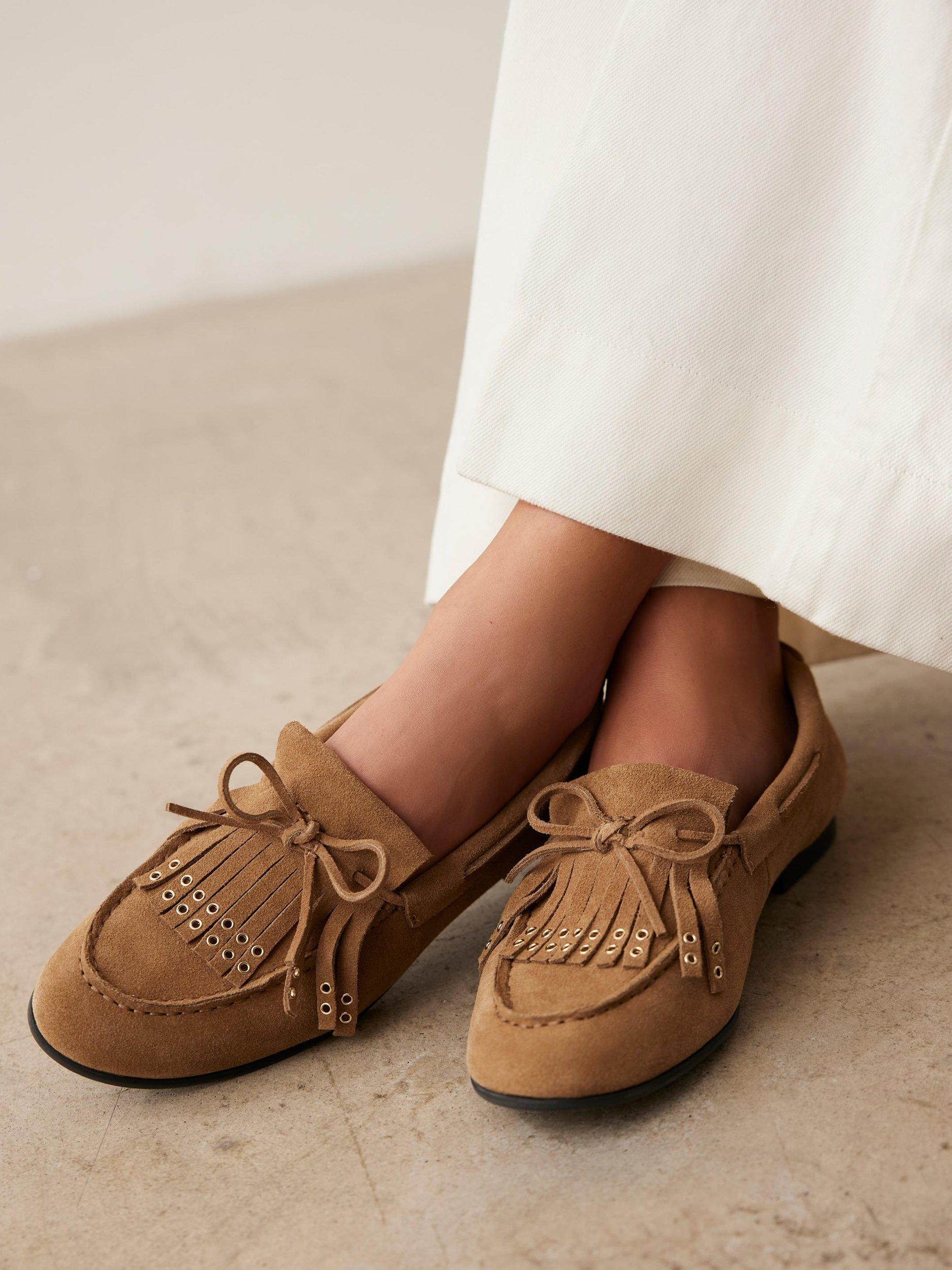 Product image 2 of 4, which shows Mint Velvet Melba Flat Heel Suede Loafers, Neutrals, 6