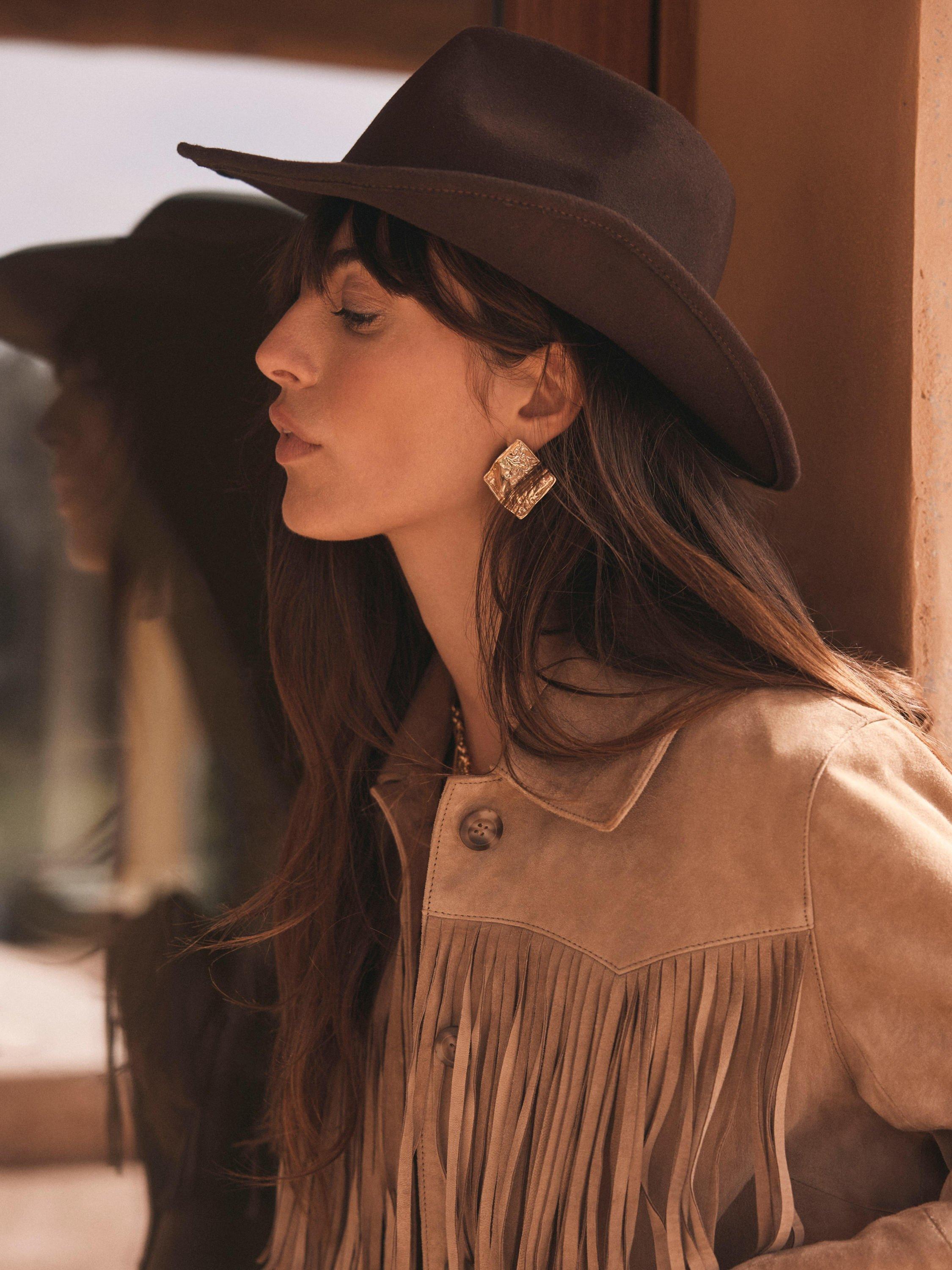 Product image 2 of 4, which shows Mint Velvet Cowboy Fedora Hat, Brown, One Size