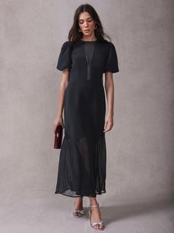 Mint Velvet Contrast Trim Puff Sleeve Maxi Dress, Black, Black