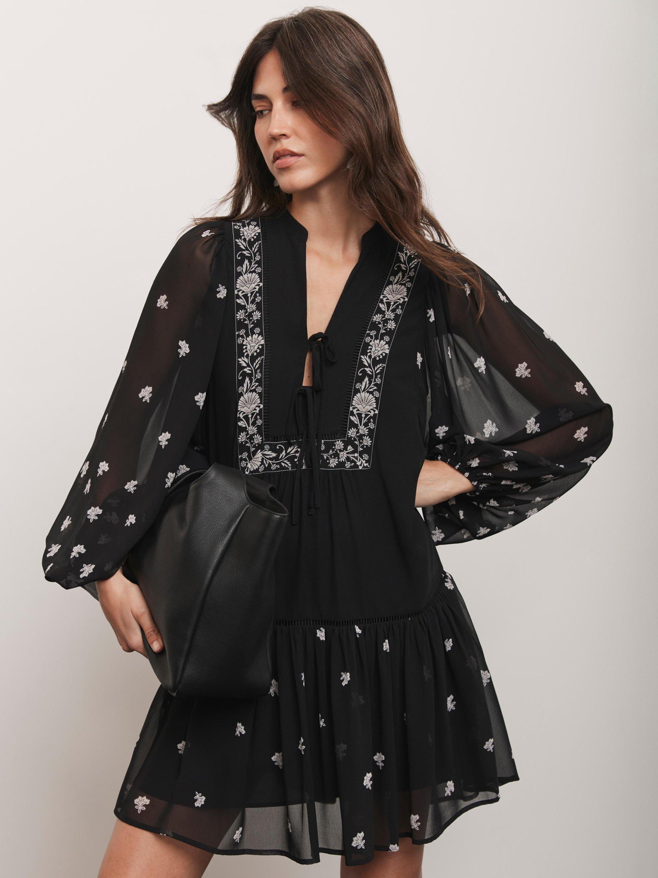 Product image 1 of 7, which shows Mint Velvet Floral Border Mini Dress, Black, XS