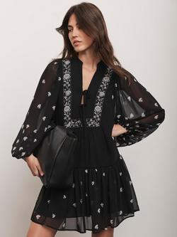 Mint Velvet Floral Border Mini Dress, Black, Black