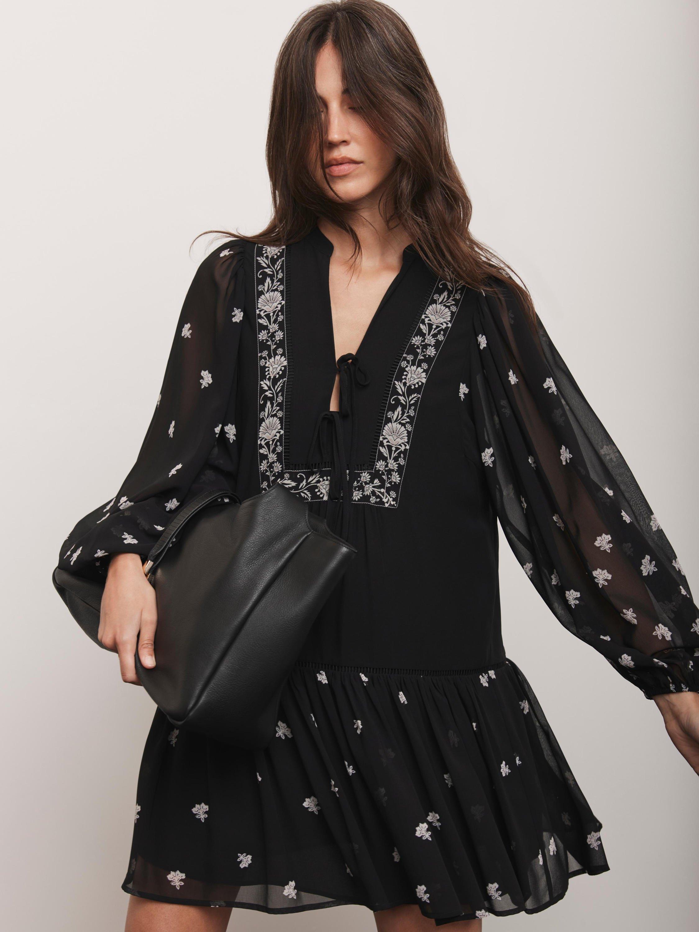 Product image 2 of 7, which shows Mint Velvet Floral Border Mini Dress, Black, XS