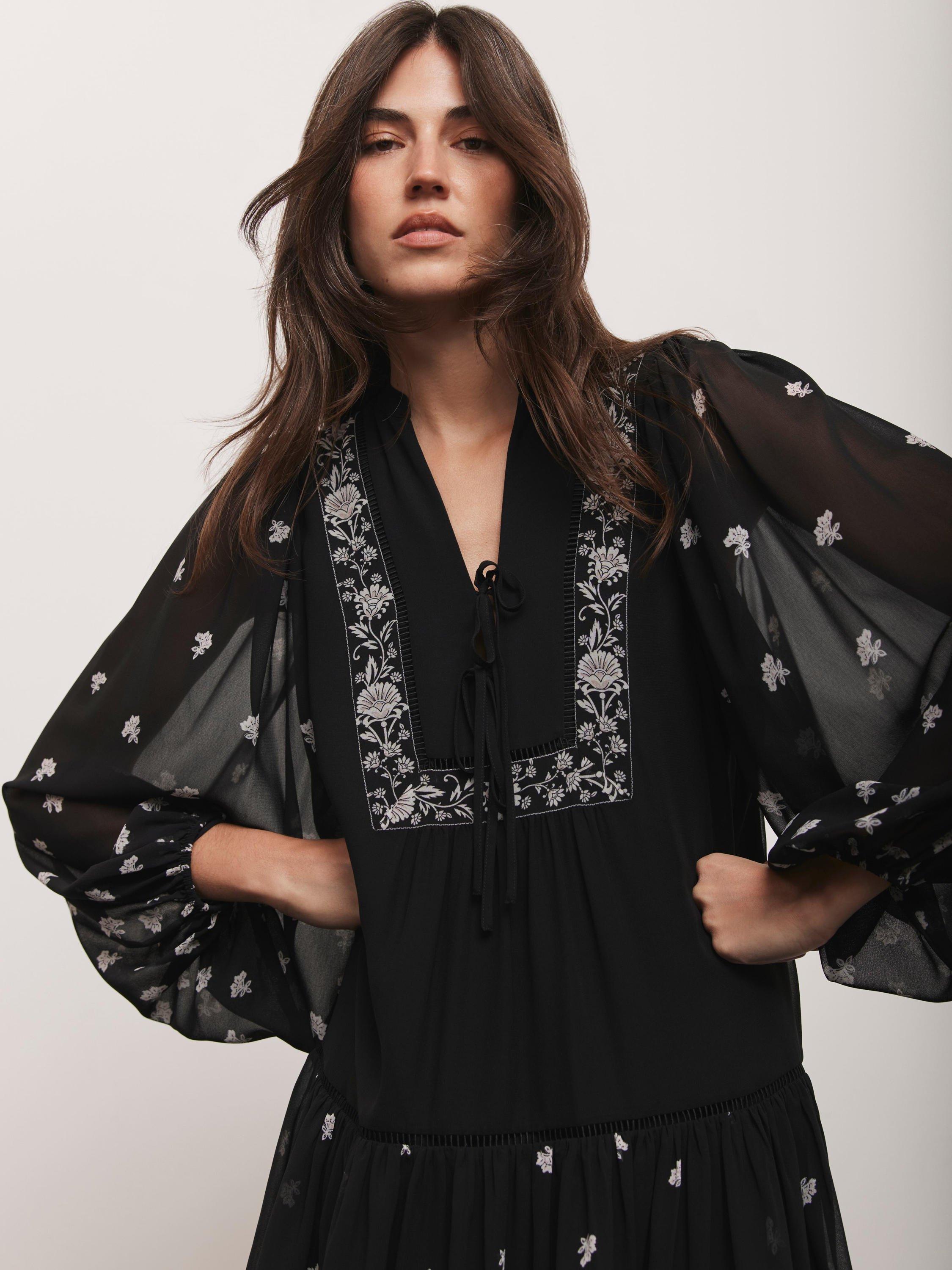 Product image 3 of 7, which shows Mint Velvet Floral Border Mini Dress, Black, XS