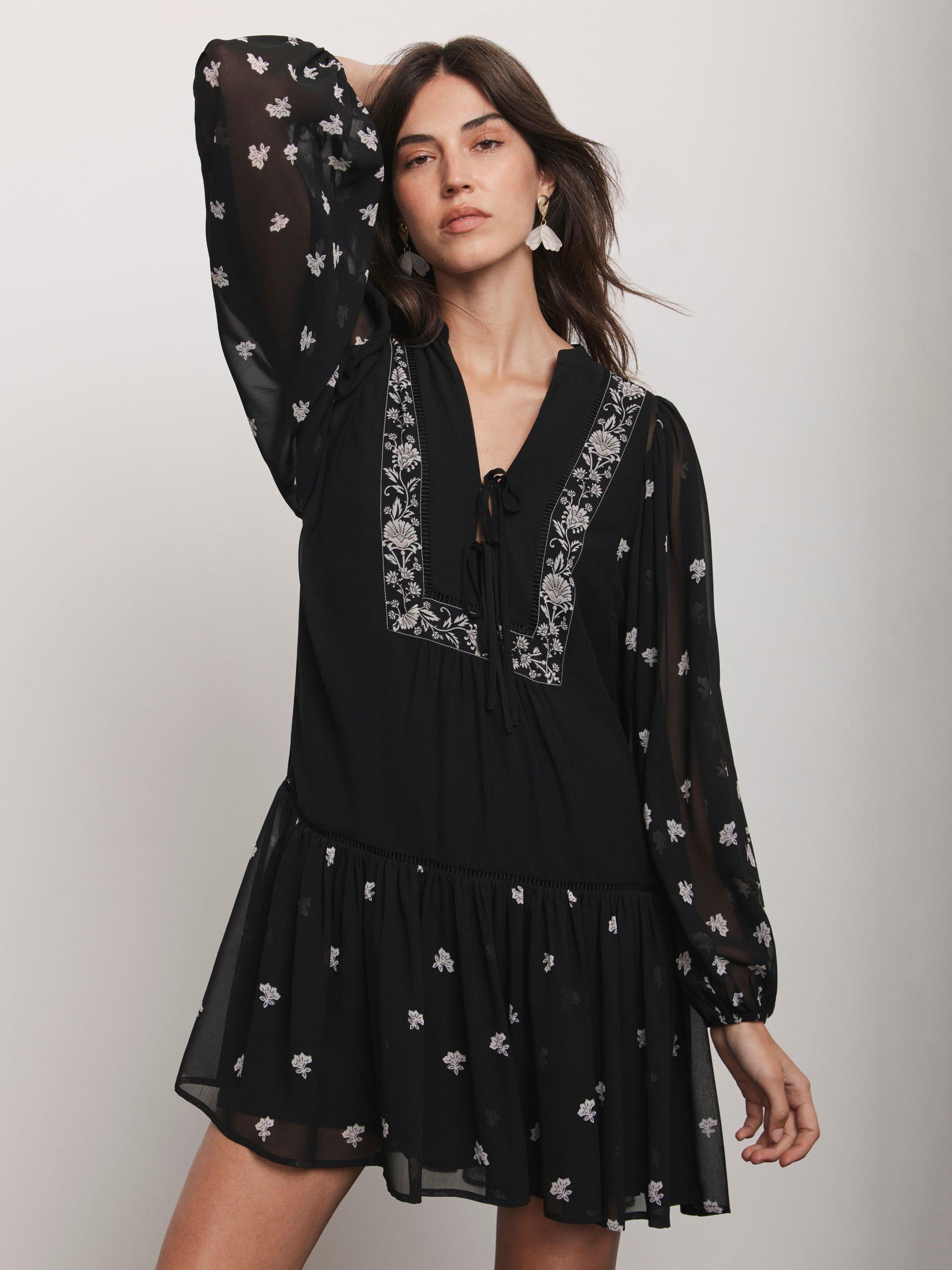 Product image 4 of 7, which shows Mint Velvet Floral Border Mini Dress, Black, XS