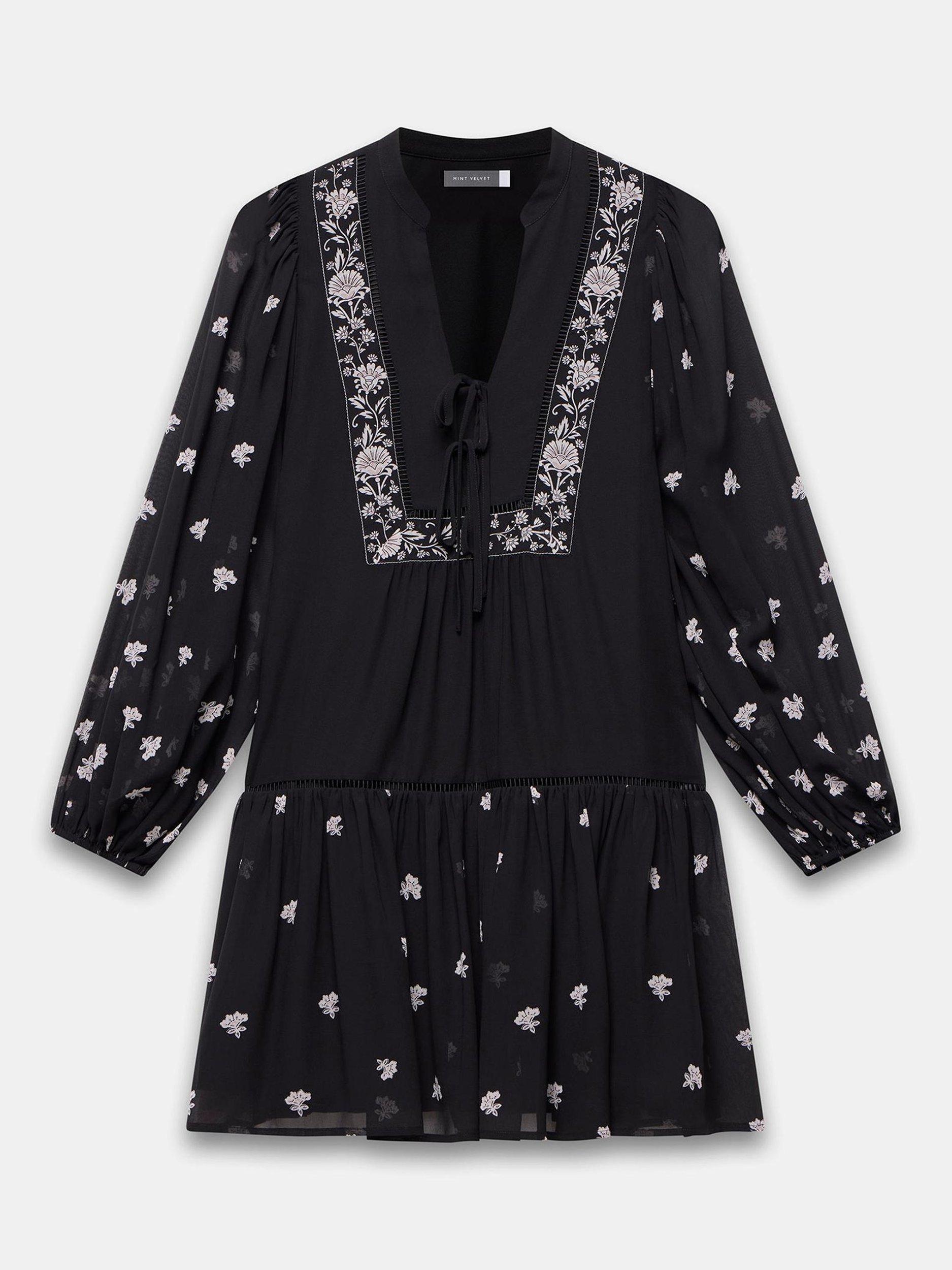 Product image 6 of 7, which shows Mint Velvet Floral Border Mini Dress, Black, XS