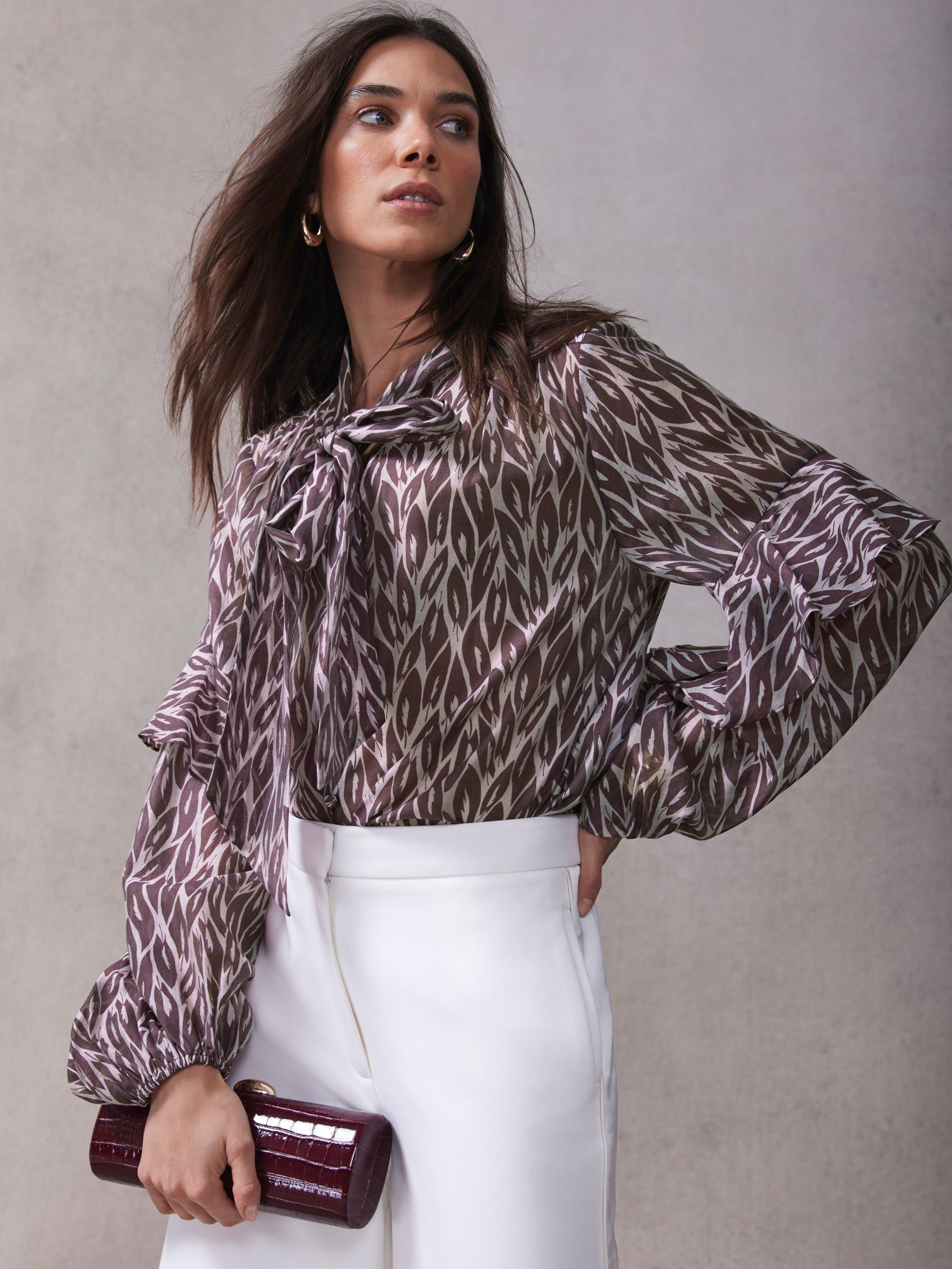 Mint Velvet Leaf Print Ruffle Top, Red Burgundy