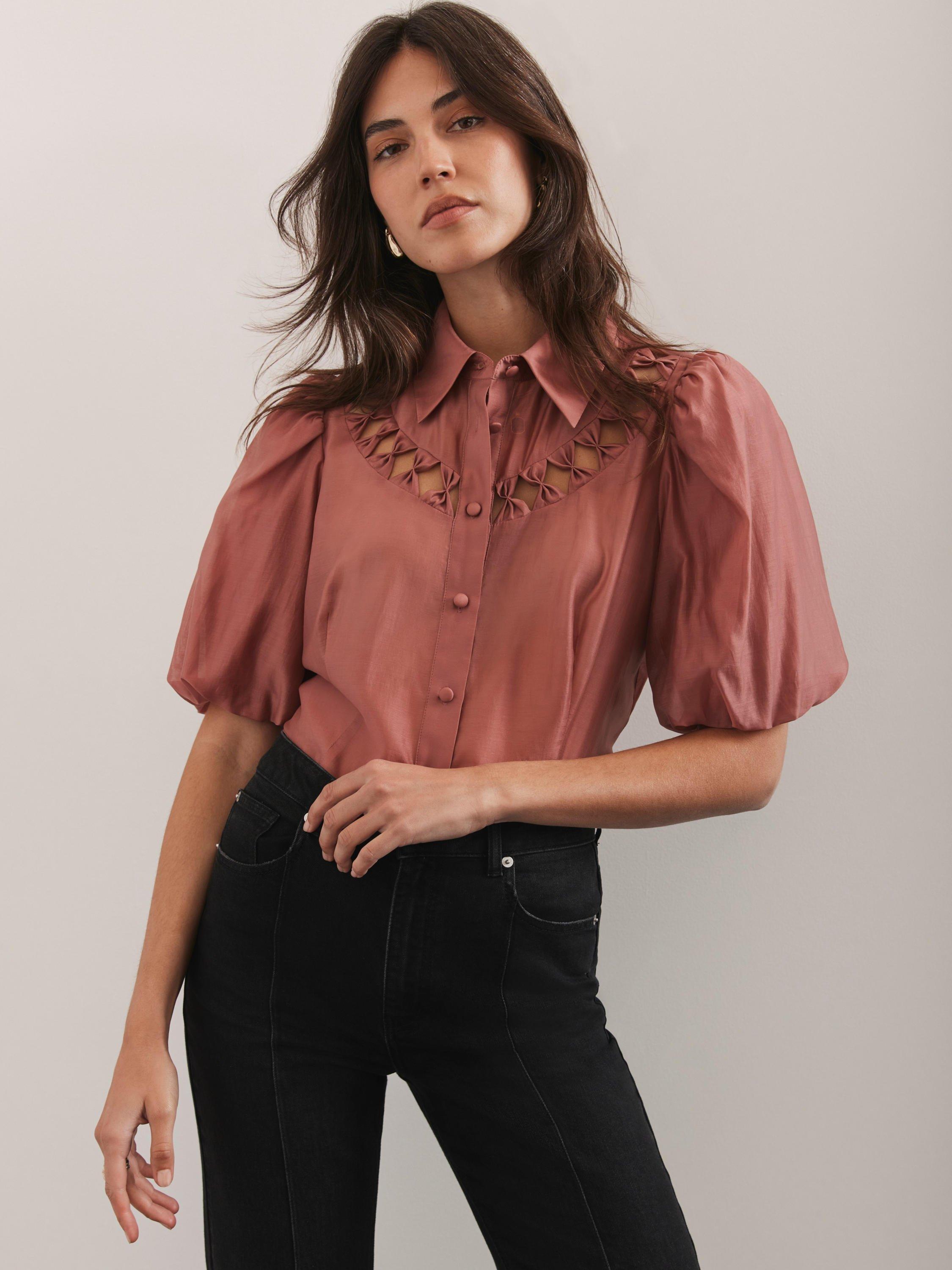 Product image 1 of 7, which shows Mint Velvet Cutwork Neck Puff Sleeve Shirt, Pink, 14