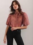 Mint Velvet Cutwork Neck Puff Sleeve Shirt, Pink