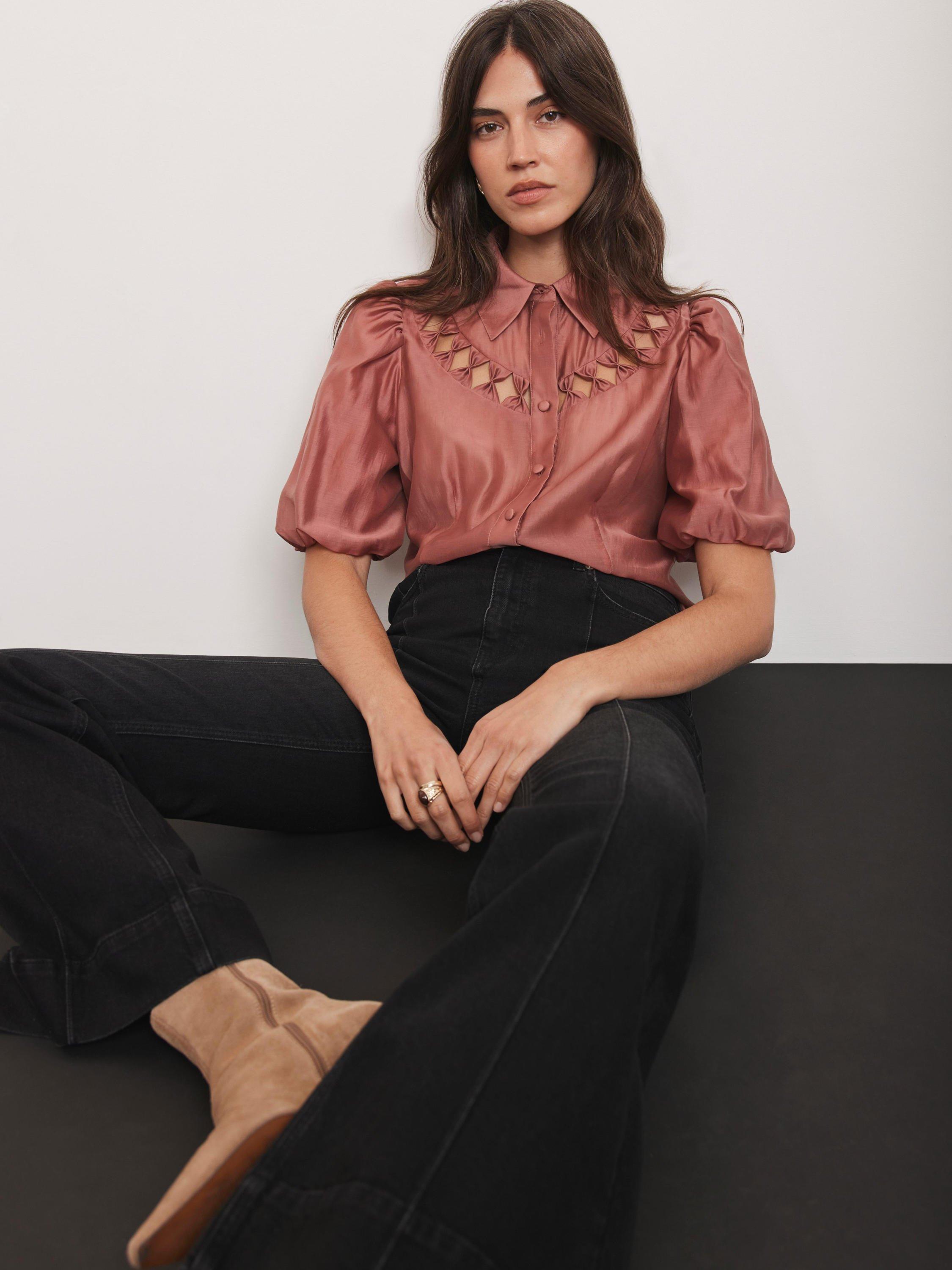 Product image 2 of 7, which shows Mint Velvet Cutwork Neck Puff Sleeve Shirt, Pink, 14