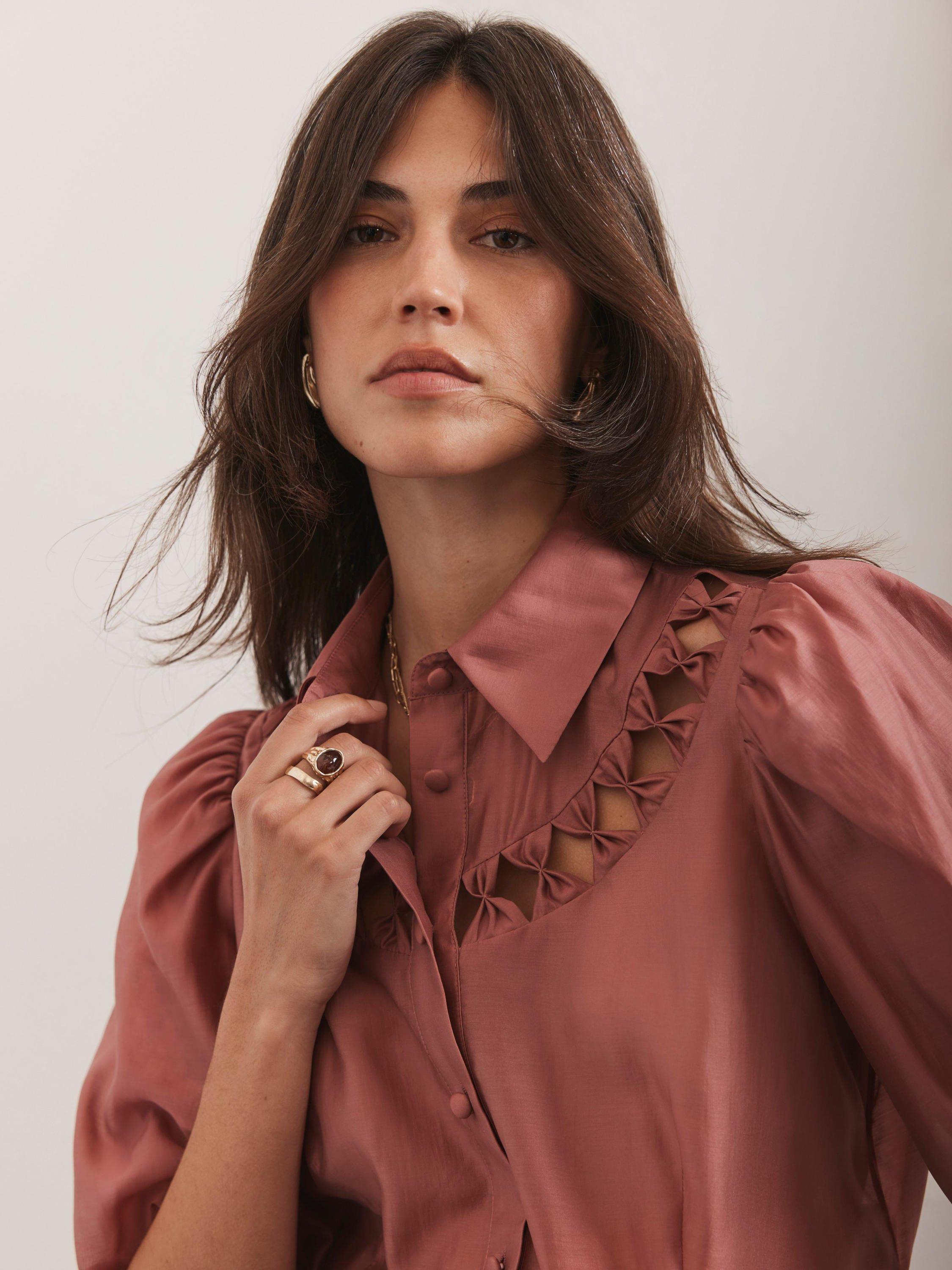 Product image 3 of 7, which shows Mint Velvet Cutwork Neck Puff Sleeve Shirt, Pink, 14