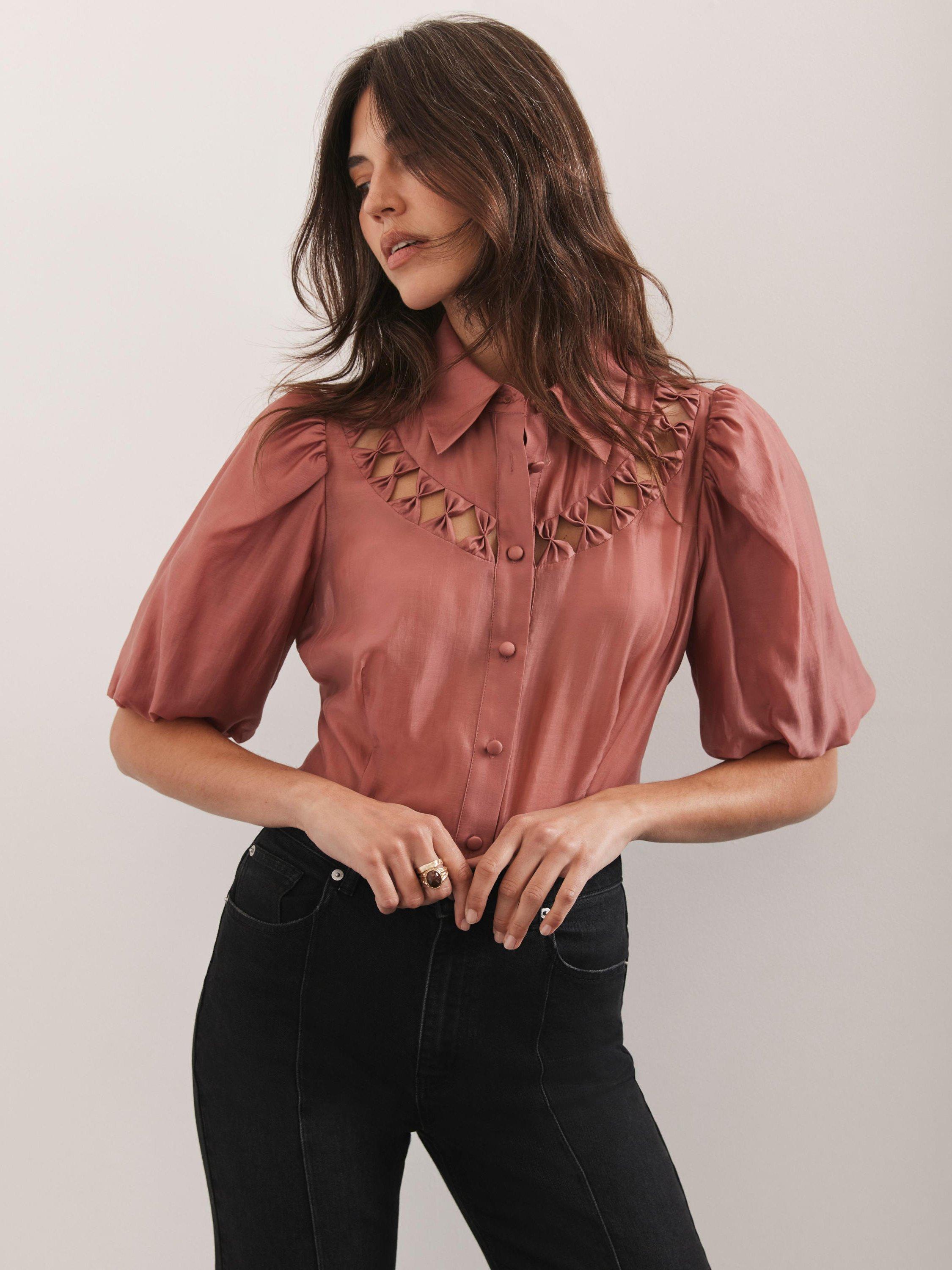 Product image 4 of 7, which shows Mint Velvet Cutwork Neck Puff Sleeve Shirt, Pink, 14