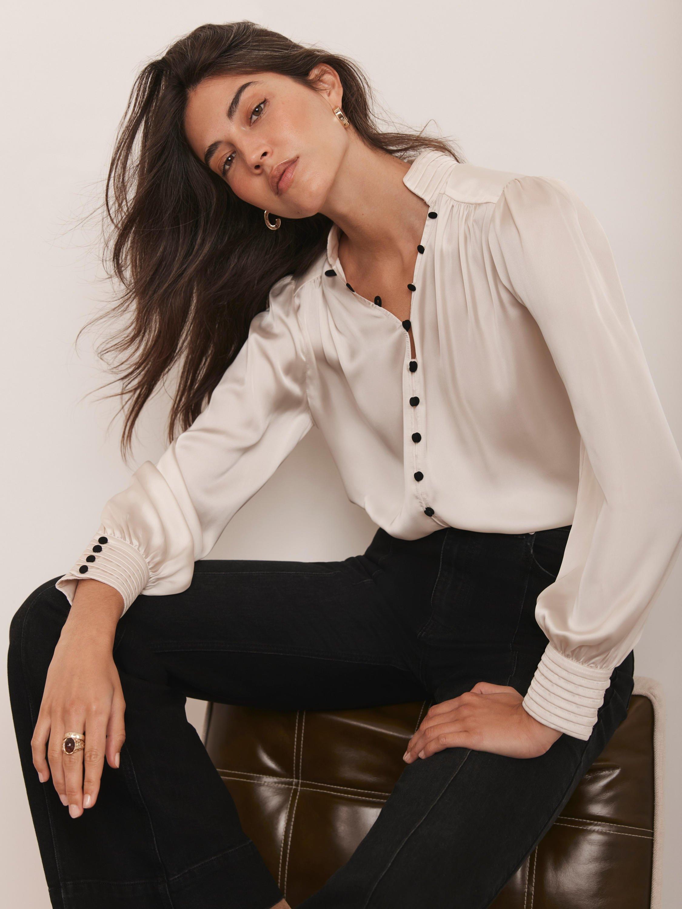 Mint Velvet Contrast Button Satin Blouse, Natural Cream