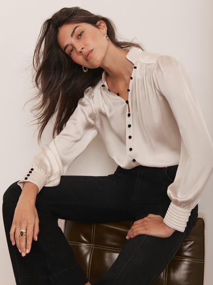 Mint Velvet Contrast Button Satin Blouse, Natural Cream, Natural Cream