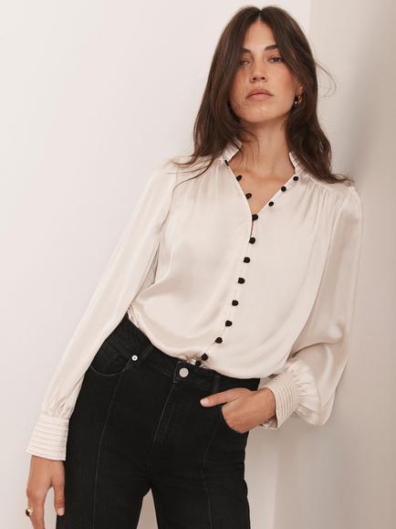 Mint Velvet Contrast Button Satin Blouse, Natural Cream - view 2, Natural Cream