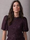 Mint Velvet Lace Puff Sleeve Top, Red Burgundy