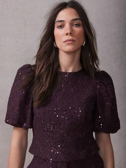 Mint Velvet Lace Puff Sleeve Top, Red Burgundy, Red Burgundy