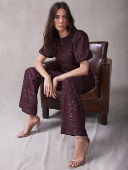 Mint Velvet Lace Puff Sleeve Top, Red Burgundy - view 2, Red Burgundy