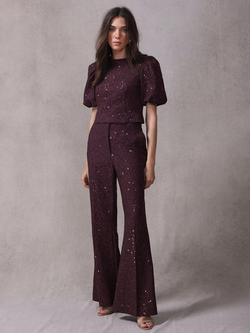 Mint Velvet Lace Sequin Flared Trousers, Red Burgundy, Red Burgundy