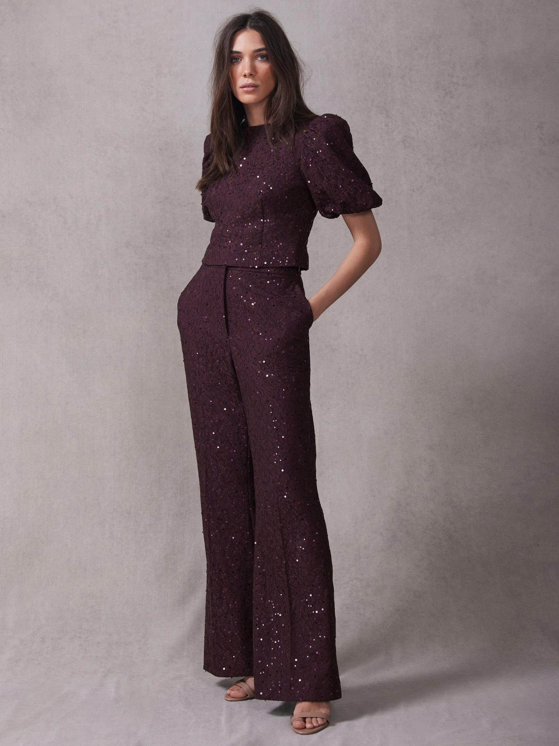 Product image 2 of 7, which shows Mint Velvet Lace Sequin Flared Trousers, Red Burgundy, 14R