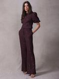Mint Velvet Lace Sequin Flared Trousers, Red Burgundy