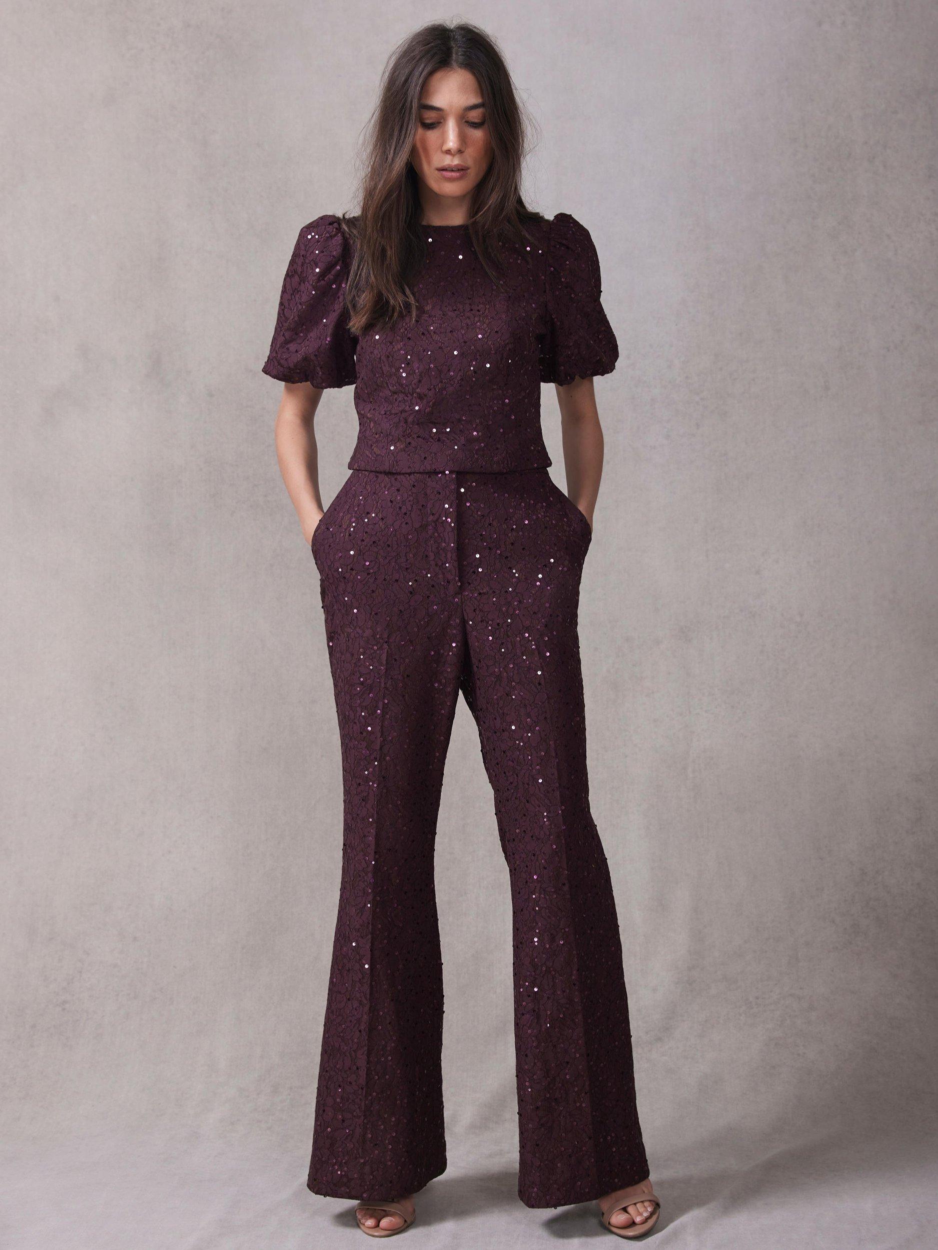 Product image 5 of 7, which shows Mint Velvet Lace Sequin Flared Trousers, Red Burgundy, 14R
