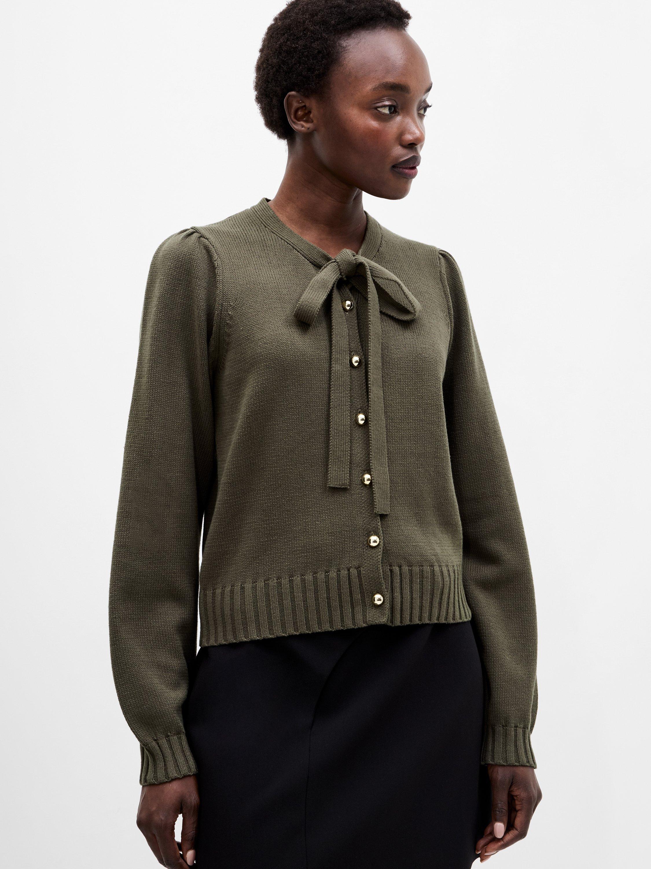 Product image 1 of 5, which shows French Connection Varli Long Sleeve Tie Neck Cardigan, Khaki Green, XS
