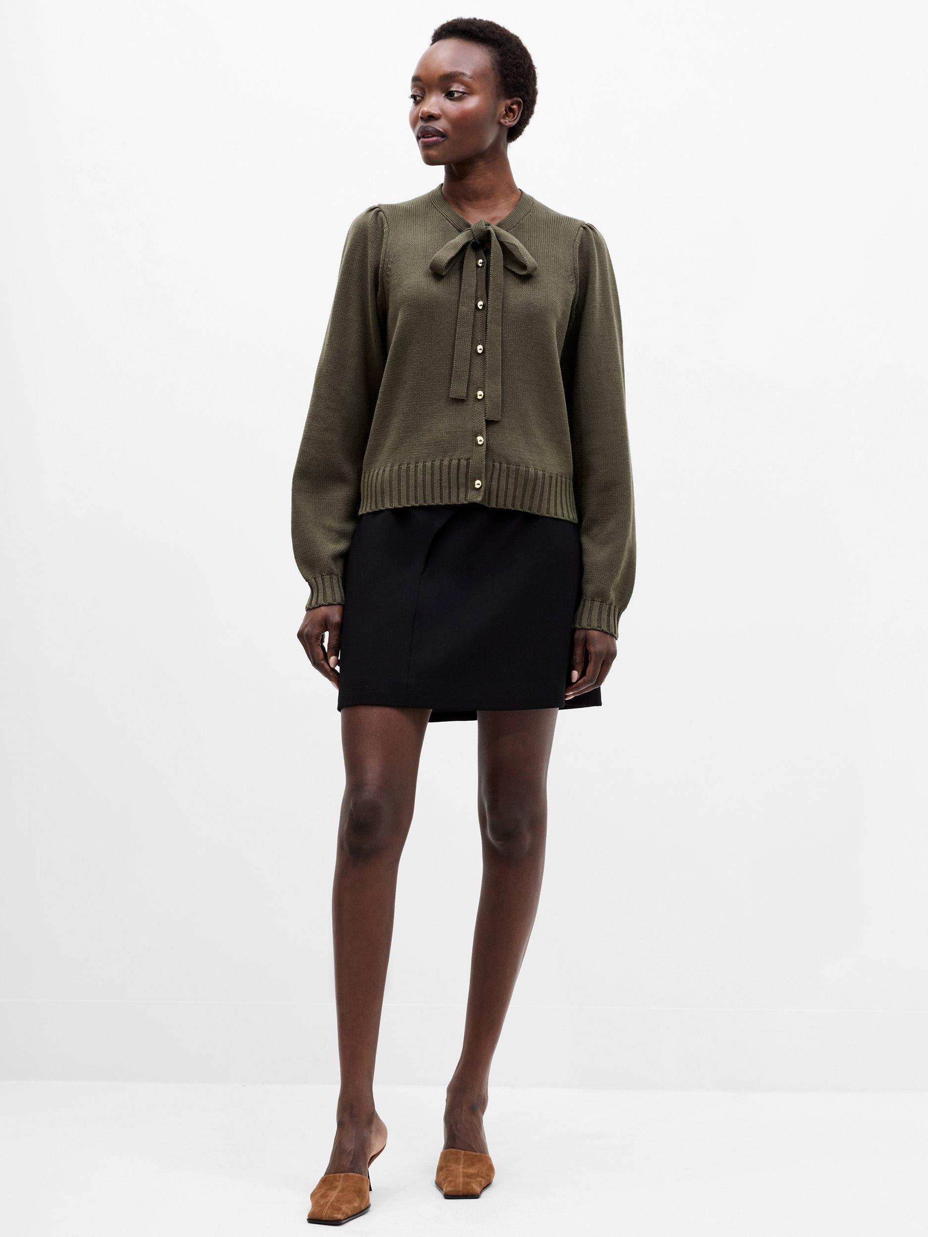 Product image 2 of 5, which shows French Connection Varli Long Sleeve Tie Neck Cardigan, Khaki Green, XS