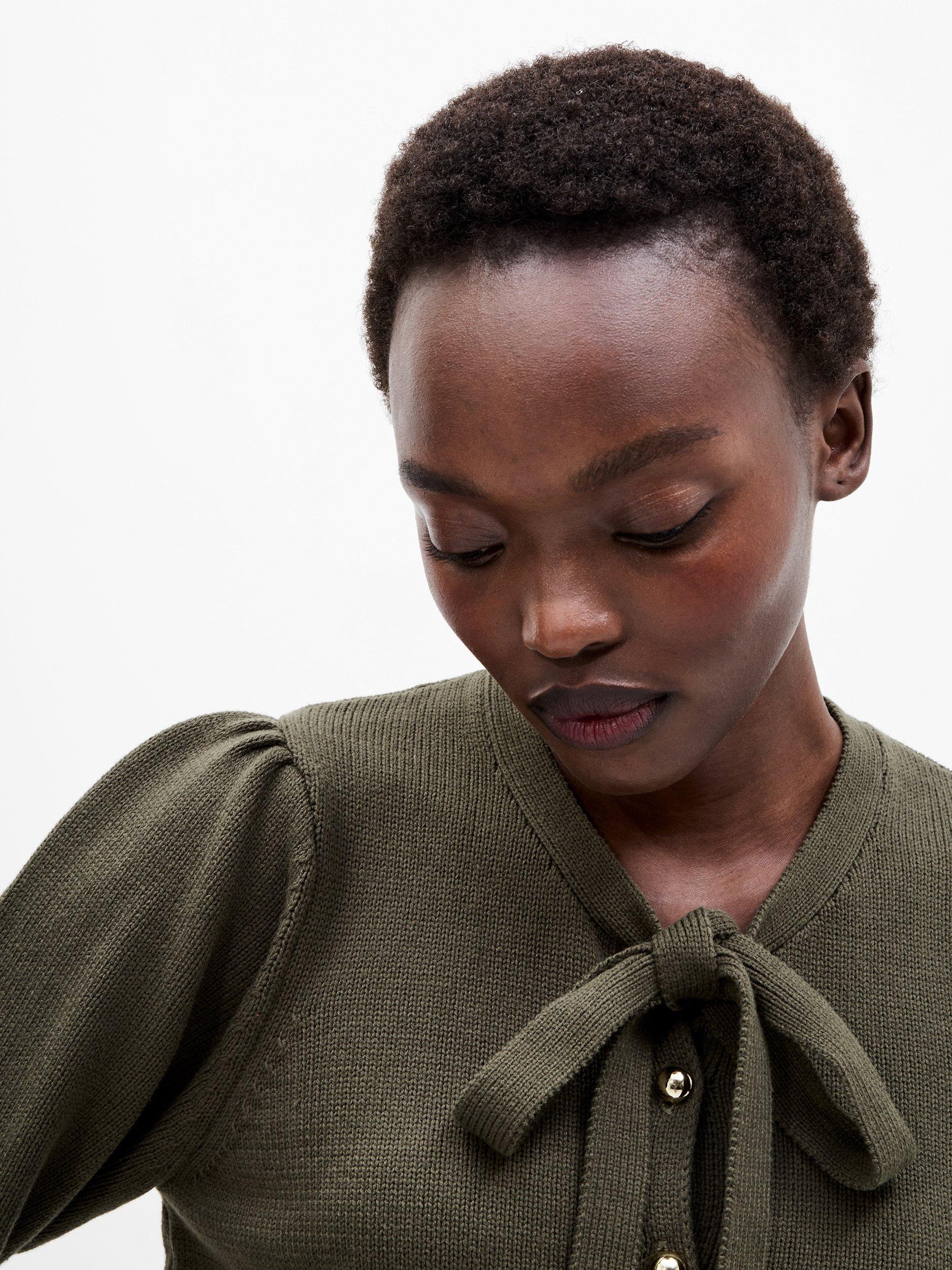 Product image 3 of 5, which shows French Connection Varli Long Sleeve Tie Neck Cardigan, Khaki Green, XS