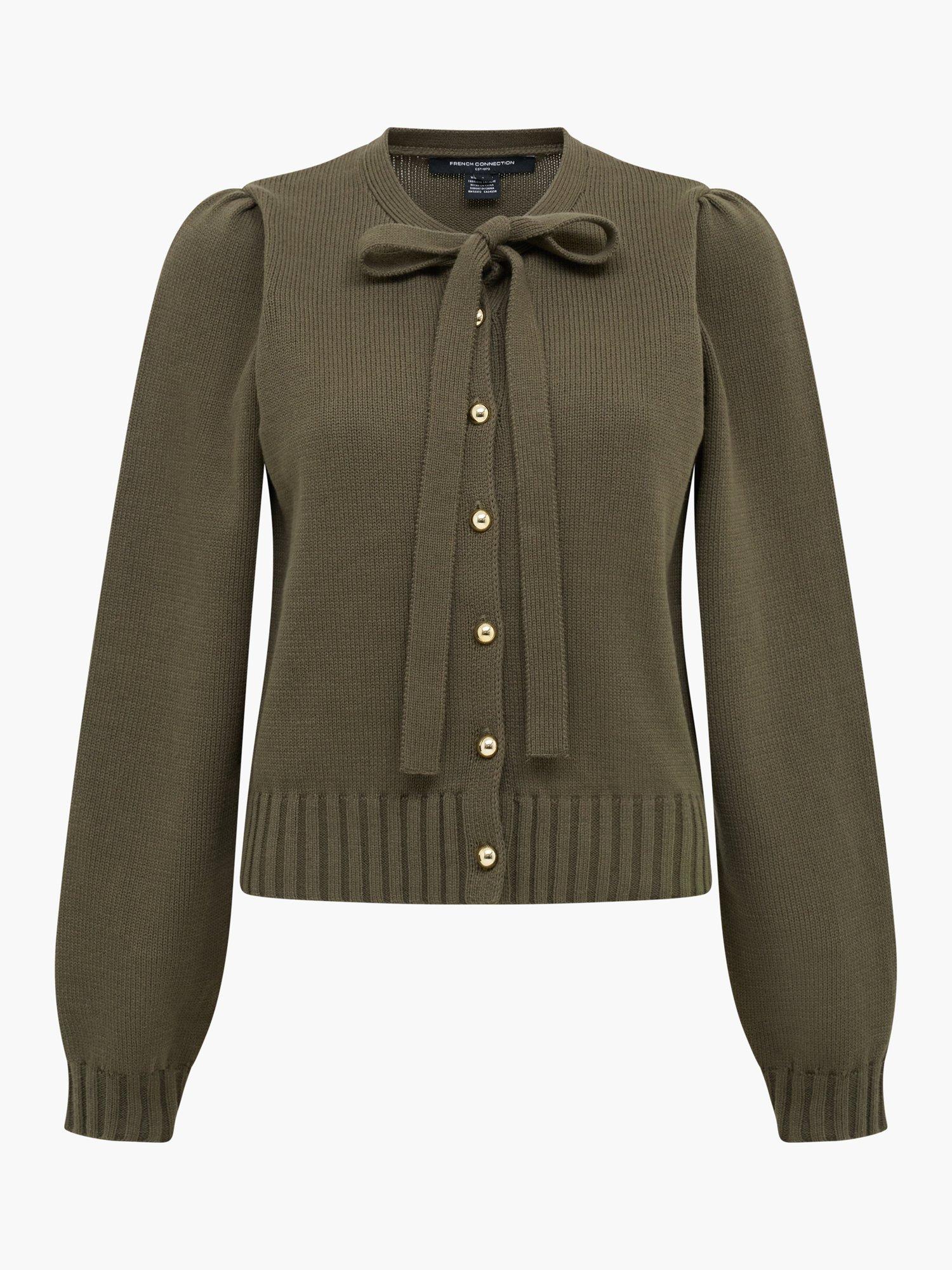Product image 5 of 5, which shows French Connection Varli Long Sleeve Tie Neck Cardigan, Khaki Green, XS