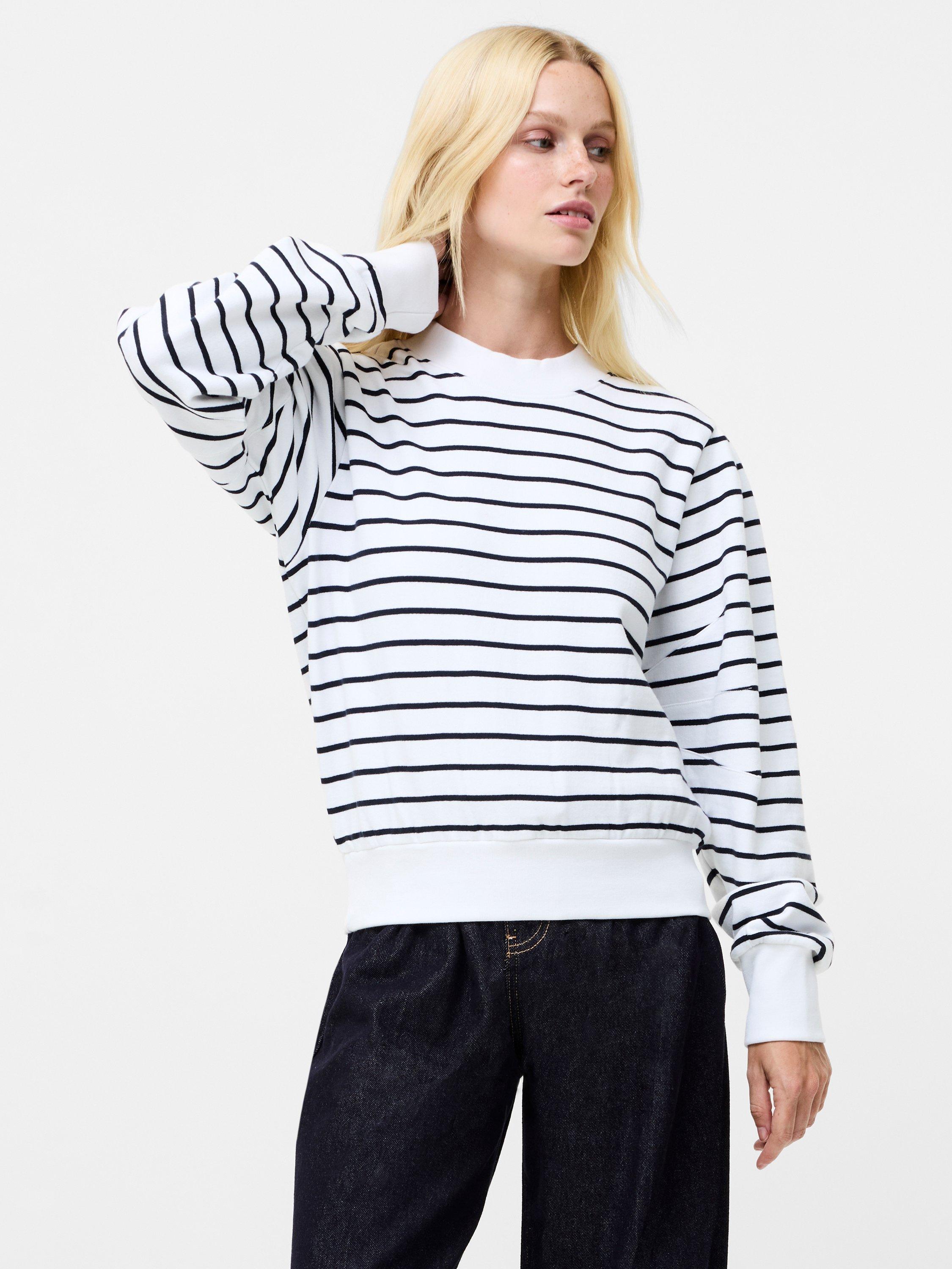 Product image 1 of 5, which shows French Connection Sunday Cotton Blend Stripe Crew Neck Sweatshirt, Linen White/Blue, S