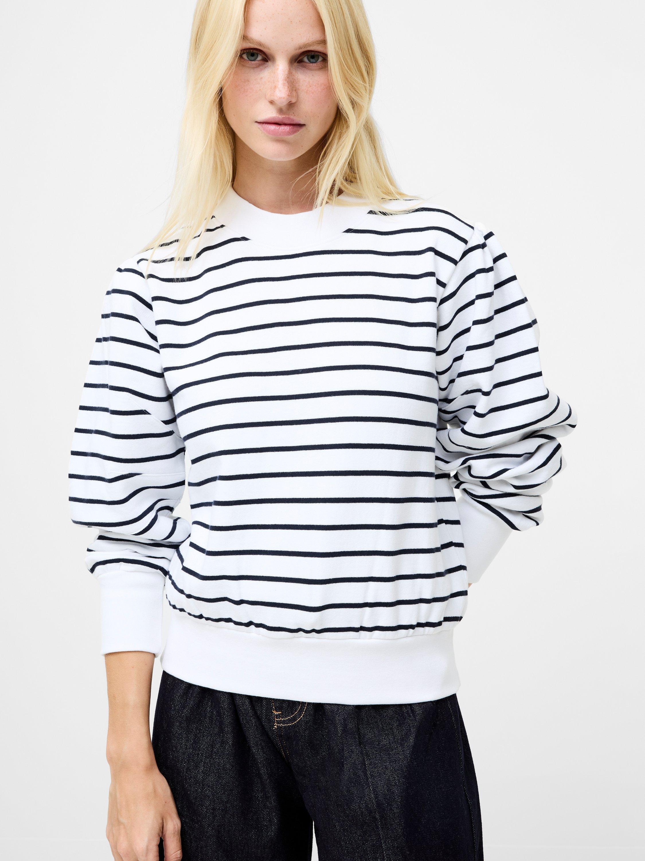 Product image 3 of 5, which shows French Connection Sunday Cotton Blend Stripe Crew Neck Sweatshirt, Linen White/Blue, S
