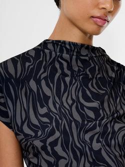 French Connection Zaria Zina High Neck Short Sleeve Jersey Top, Washed Khaki/Black - view 2, Washed Khaki/Black